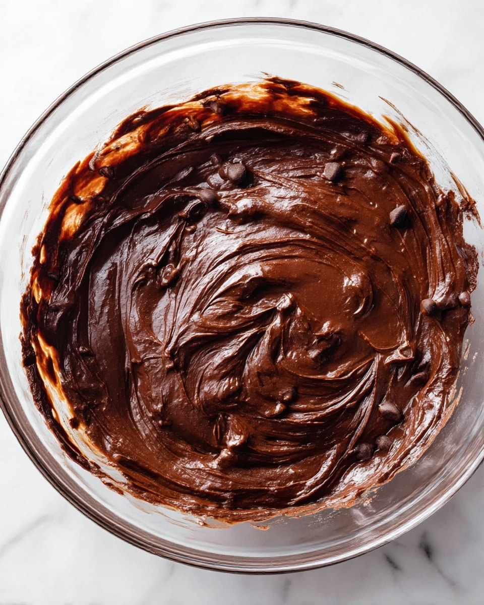 A clear glass bowl filled with thick, rich, dark brown chocolate batter mixed with chocolate chips. The batter has a smooth, creamy texture with swirls and peaks, showing the shiny surface from mixing. The bowl is placed on a white marbled surface. photo taken with an iphone --ar 4:5 --v 7