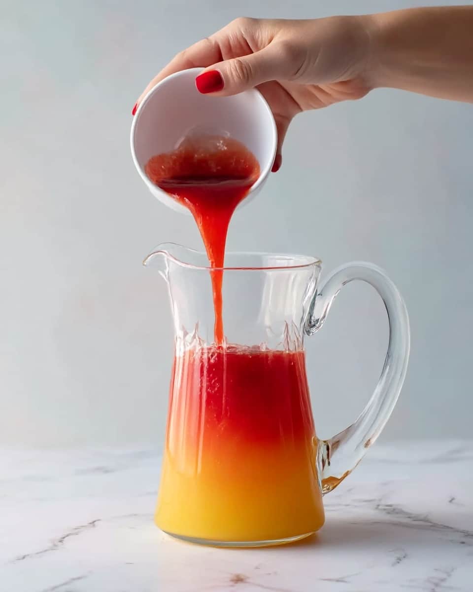 A clear glass pitcher with a handle is shown against a white marbled surface, filled about three-quarters with a yellow-orange liquid. A woman's hand with red nail polish is pouring thick red sauce from a small white bowl into the pitcher, creating a vibrant red stream that blends with the liquid below, forming a layered gradient from red at the bottom to yellow-orange at the top photo taken with an iphone --ar 4:5 --v 7