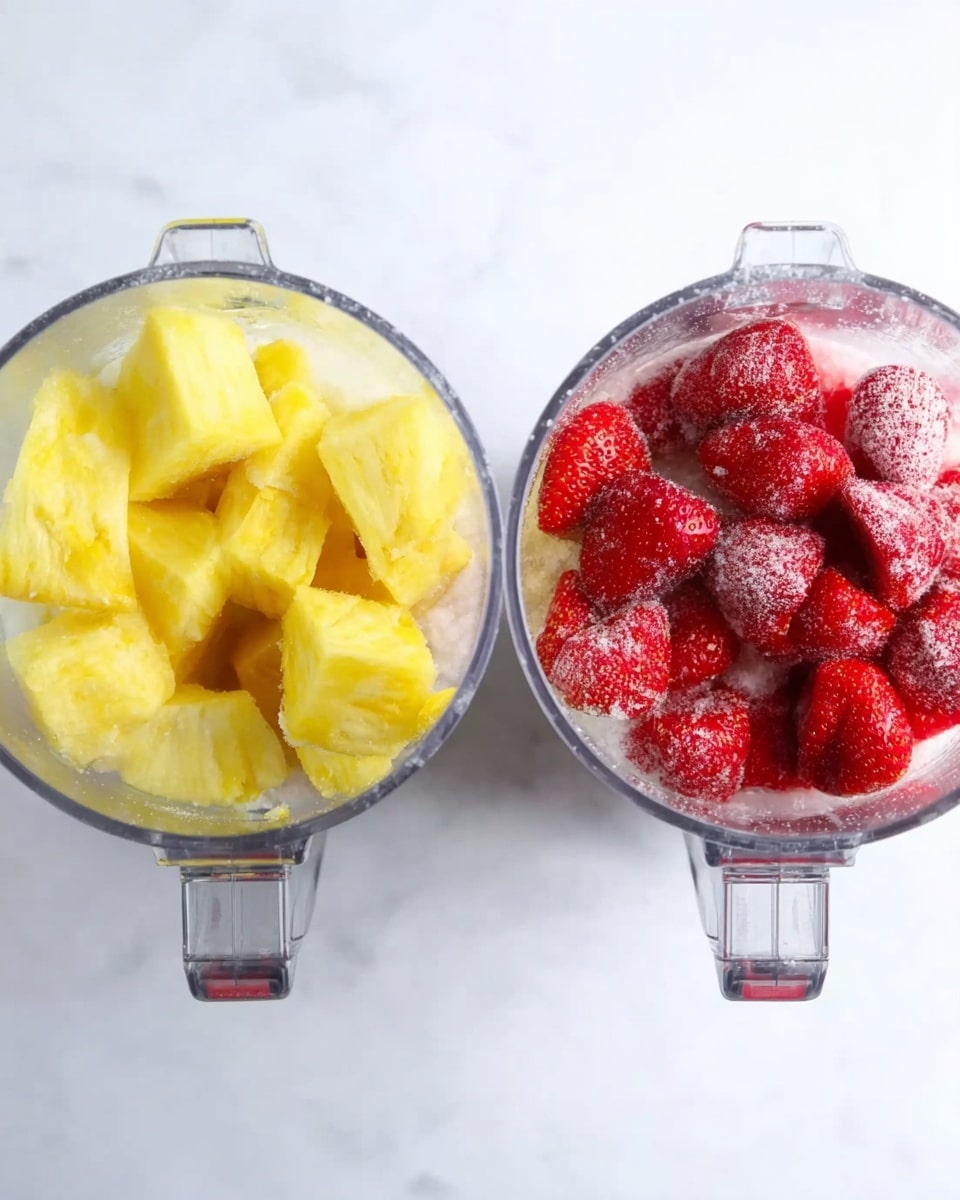 The image shows two clear blender containers placed side by side on a white marbled surface. The container on the left is filled with large chunks of yellow pineapple pieces on top of crushed ice, creating a layered look with the bright yellow fruit sitting on the sparkling white ice. The container on the right has a layer of whole strawberries with their red texture and some white frost on them, filling the blender almost to the top. Both containers have silver blades visible below the fruits. photo taken with an iphone --ar 4:5 --v 7