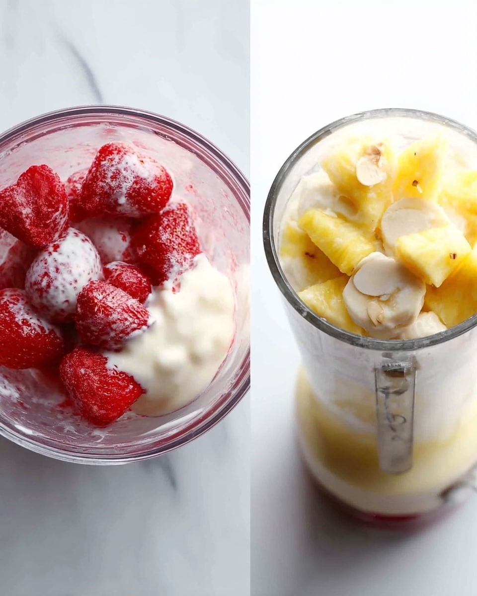 The image shows two close-up views of a food preparation process on a white marbled surface. On the left side, a clear glass bowl contains whole small red strawberries partially covered with a thick white creamy substance. The strawberries’ red color contrasts with the smooth white cream, with some cream sitting on top and between the fruit. On the right side, there is a tall, clear blender cup filled with pieces of yellow pineapple, white creamy liquid, and a few slices of white objects that look like nuts or seeds near the top. The blender sits on a base that is partly visible, and the ingredients inside show soft, mixed textures with layers of yellow and white. photo taken with an iphone --ar 4:5 --v 7