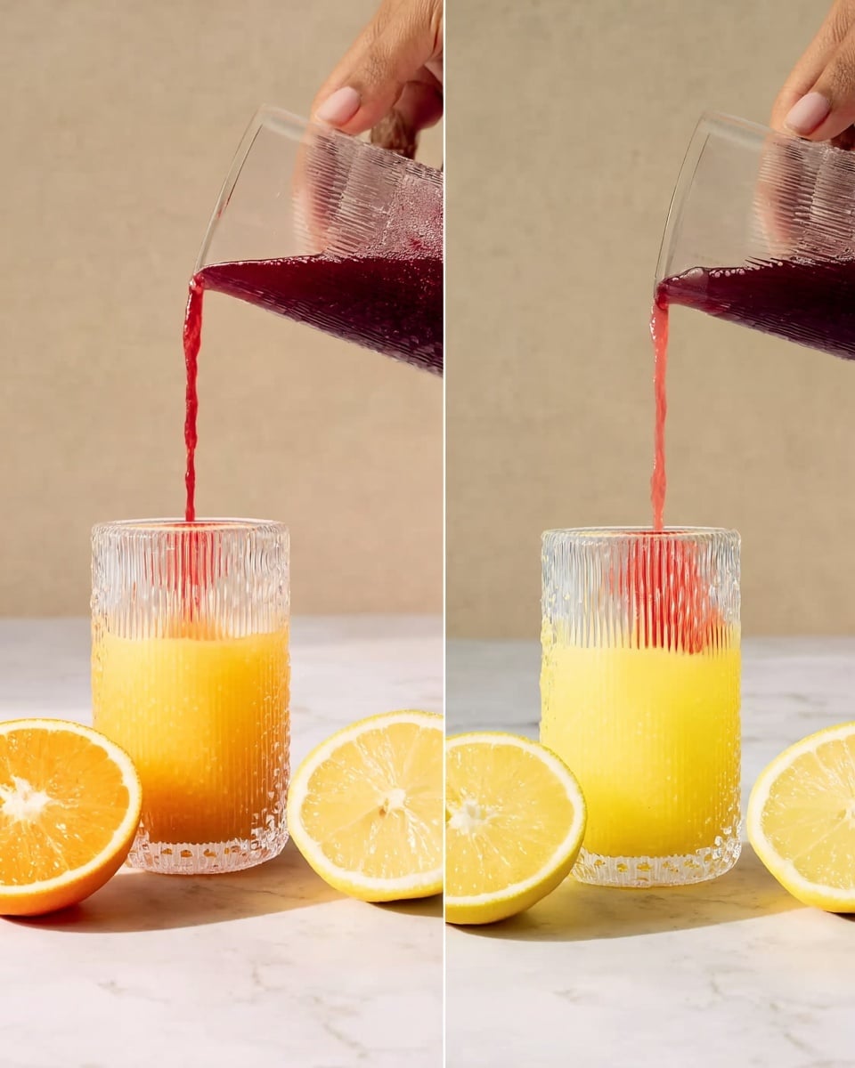 A clear textured glass placed on a white marbled surface is being filled with two layers of juice. The bottom layer is a yellow-orange juice filling about a quarter of the glass with a smooth, slightly pulp texture. On the right side of the glass, half an orange and half a lemon are placed, both showing bright yellow and orange colors with fresh juicy details. A woman's hand pours a thicker, dark red juice as the second layer, slowly filling over the yellow-orange layer but not mixing much, creating a clear two-layered effect. The background is softly lit and neutral. Photo taken with an iphone --ar 4:5 --v 7