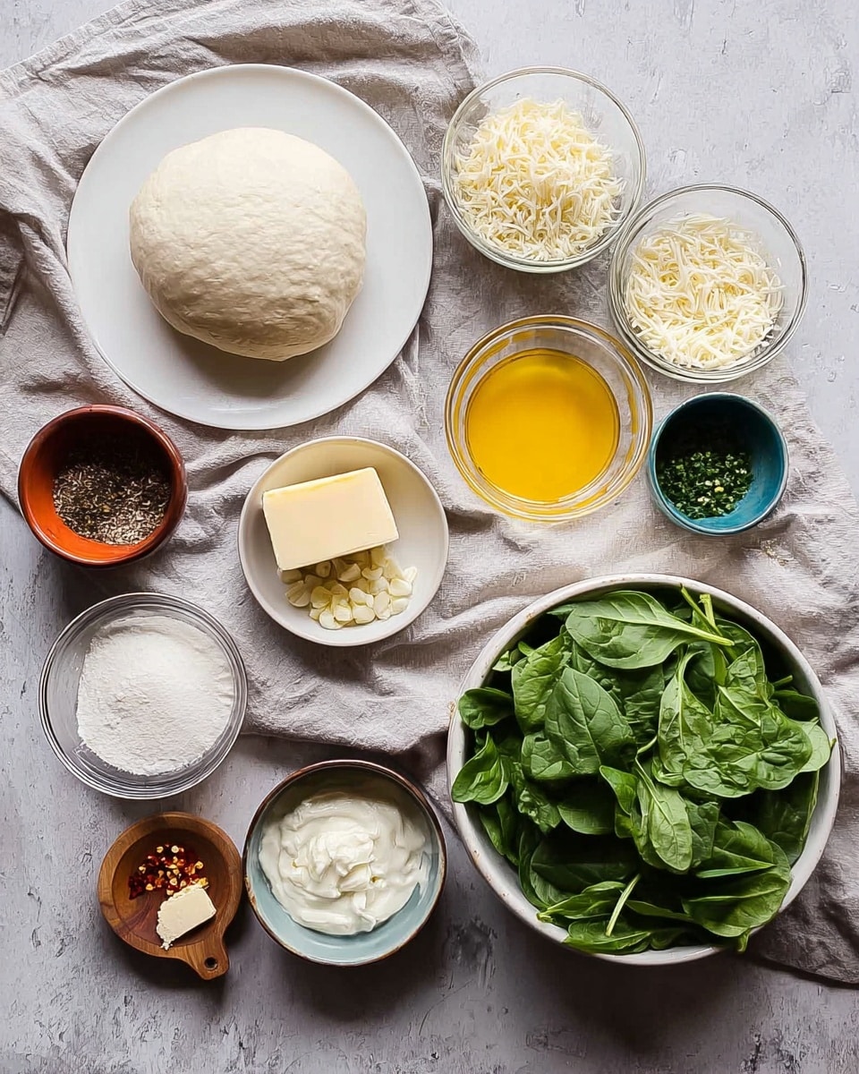 The image shows many ingredients for cooking arranged neatly on a white marbled surface. There is a white plate with a large, smooth ball of dough on the top left. Around it are small bowls with different textures and colors: a brown bowl with grated cheese, a white bowl with clear liquid, a yellow bowl with black pepper, and an orange bowl with green herbs. There is also a red bowl with minced garlic, a white bowl with a creamy white spread, and a blue bowl with finely chopped garlic. A glass bowl holds melted yellow butter, and next to it is a wooden dish with a stick of solid butter. Near the bottom left, a small white bowl has salt with red chili flakes. On the right side, a large white bowl is full of fresh, green spinach leaves. The items sit on a wrinkled light gray cloth that lies on the surface. photo taken with an iphone --ar 4:5 --v 7