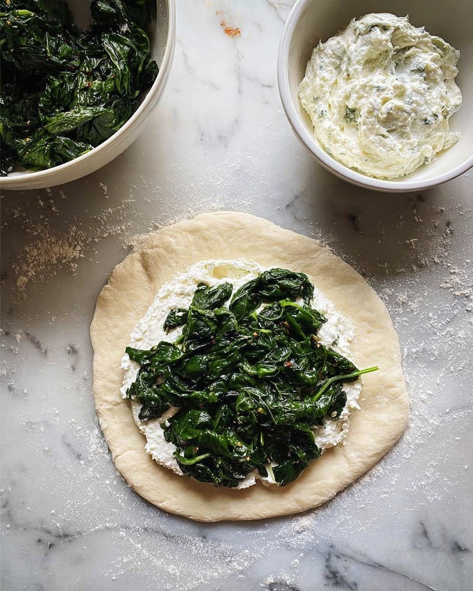 A circle of light dough lies flat on a white marbled surface, with a thick, creamy white mixture spread over half of it, topped by a layer of dark green cooked spinach that looks soft and slightly shiny. Above the dough, there is a white bowl filled with the creamy mixture, showing some texture of small herbs or seasonings. To the left, another white bowl holds more dark green cooked spinach. The scene feels like the start of making a filled flatbread or pastry. Photo taken with an iphone --ar 4:5 --v 7