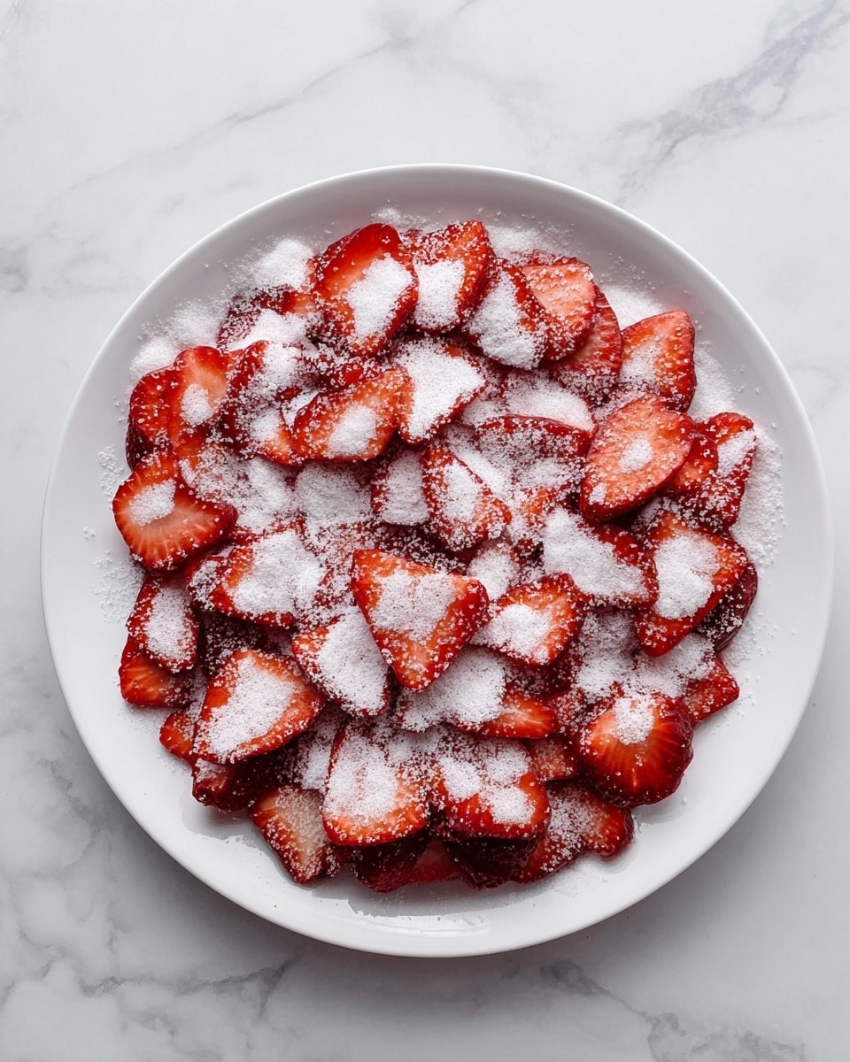 A white plate filled with a single layer of thinly sliced red strawberries arranged evenly in a circular pattern, all covered with a generous dusting of white granulated sugar that contrasts with the vibrant color of the fruit. The plate sits on a white marbled surface, creating a clean and fresh look. The texture of the sliced strawberries appears soft and juicy under the fine sugar layer, enhancing the visual sweetness. photo taken with an iphone --ar 4:5 --v 7