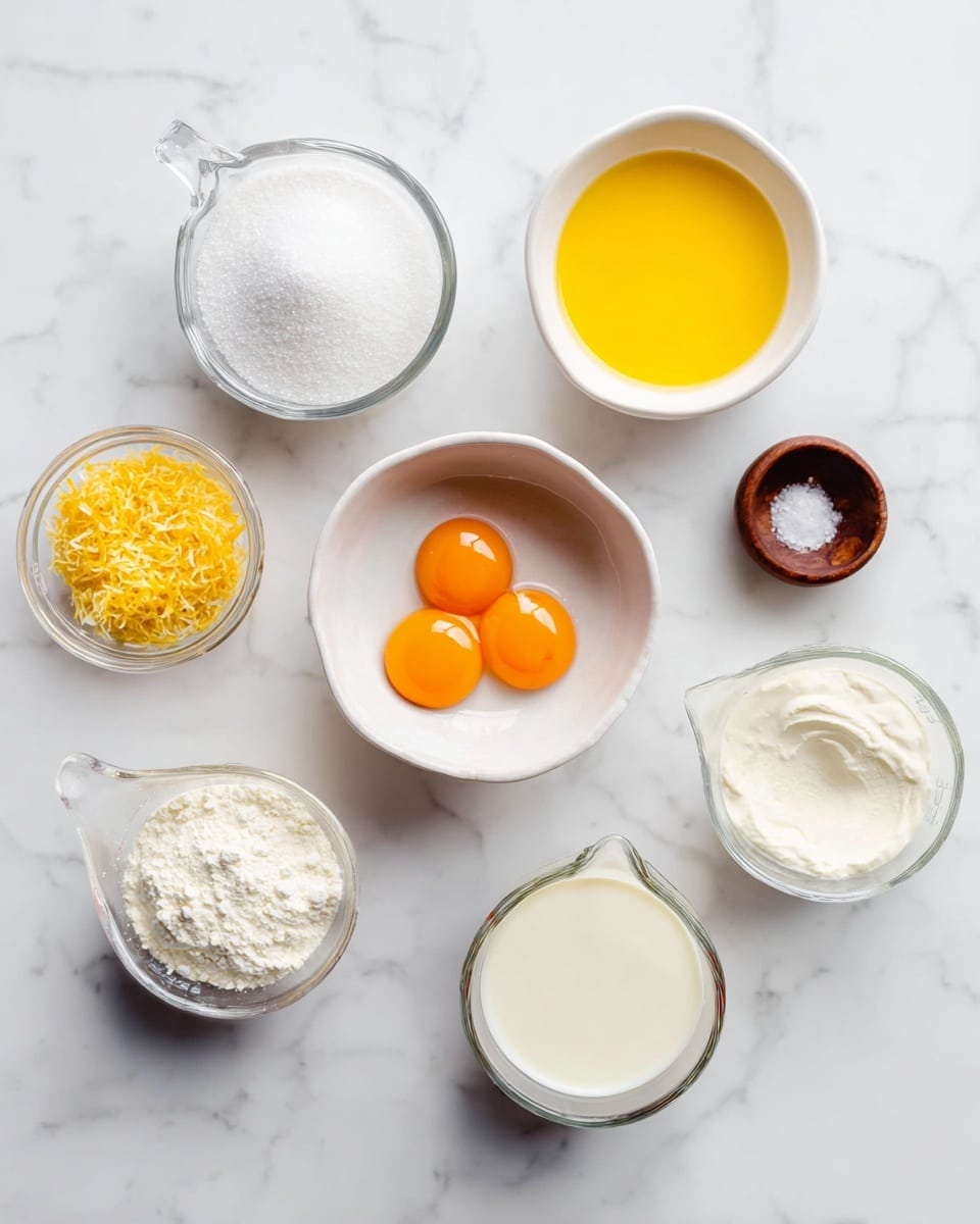 The image shows eight small white bowls and clear measuring cups arranged on a white marbled surface. In the center is a small white bowl with three bright orange egg yolks. Around it are seven containers holding different ingredients: one has a yellow liquid, another has granulated white sugar, one contains a white powder, another holds finely grated yellow lemon zest, one clear measuring cup has a thick white liquid, another clear measuring cup holds a lighter cream-colored liquid, and a small wooden bowl holds a tiny amount of salt. All items are neatly spaced, showing different textures and shades from white to yellow and orange. photo taken with an iphone --ar 4:5 --v 7