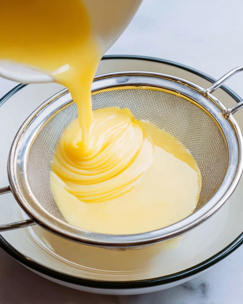 A shiny silver metal strainer is held over a white plate with a black rim, both placed on a white marbled surface. A thick, smooth yellow liquid is being poured through the strainer from a white container held at the bottom left corner. The liquid flows in curved, glossy layers that show its creamy texture as it settles in the strainer, ready to drip through the fine mesh into the plate below. The scene is bright with soft natural light highlighting the glossy shine of the liquid and the smooth metal of the strainer. Photo taken with an iphone --ar 4:5 --v 7