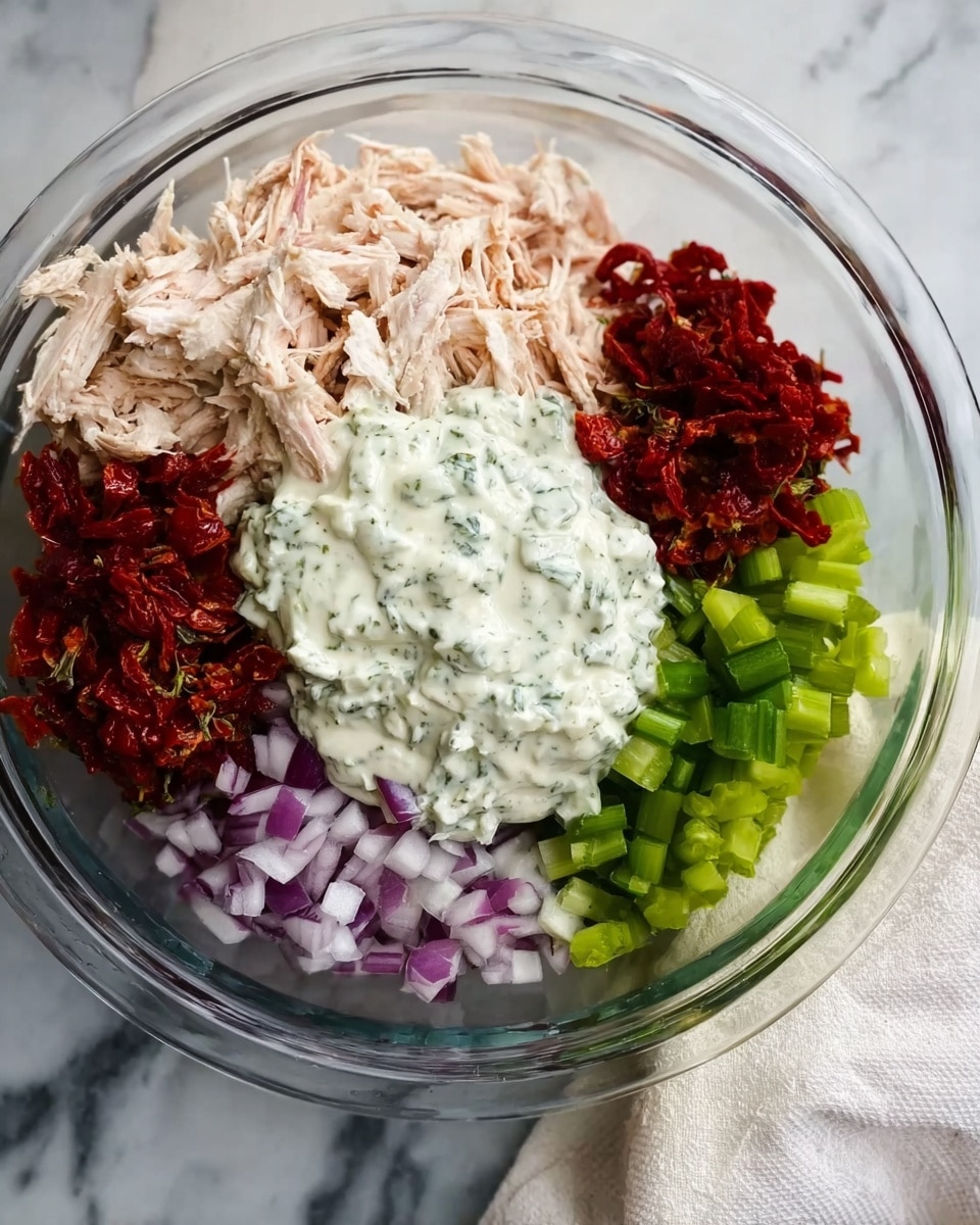 A clear glass bowl on a white marbled surface contains five separate layers of ingredients. In the top left is shredded light pink chicken, next to it on the right is a pile of dark red, finely chopped sun-dried tomatoes. Below the chicken, on the bottom left, are small diced purple onions. In the bottom center are small diced green celery pieces. On top of the chicken and celery layers, slightly overlapping both, is a creamy white sauce with green herbs mixed in, smooth and thick in texture. A woman's hand is holding a white cloth on the bottom right side of the bowl. Photo taken with an iphone --ar 4:5 --v 7