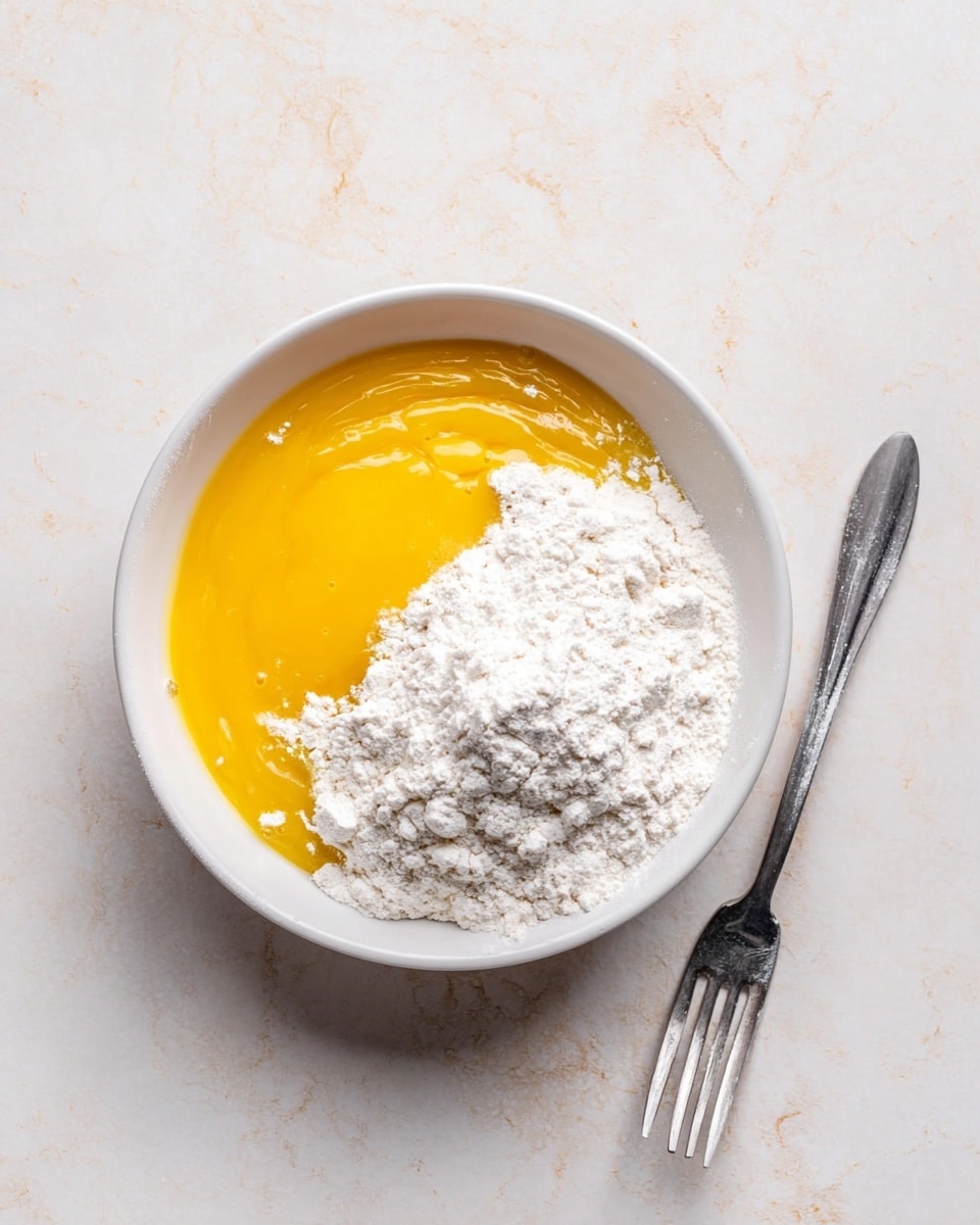 A white bowl sits on a white marbled surface, filled with two main layers side by side: on the left is a smooth, bright yellow layer of raw egg yolks and whites, and on the right is a fluffy, white powdery layer of flour. A silver fork lies to the right of the bowl on the surface, showing some light reflections and slight wear. The image has a clean, bright look with soft natural light. photo taken with an iphone --ar 4:5 --v 7