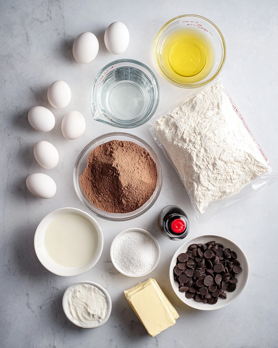 The image shows a top view of various baking ingredients arranged neatly on a surface with white marbled texture. There are three white eggs clustered near the top left, a clear glass measuring cup filled with water above center, and a small white bowl with yellow liquid (likely oil) to the top right. A large clear plastic bag full of light brown cocoa powder is spread out in the middle. To the left of the bag, there are two white bowls—one with white powder (likely powdered sugar) and another with a thick white creamy substance. Below them, a small white bowl holds a clear liquid (likely a syrup or extract). On the right side, there is a small white bowl filled with dark chocolate chips, a small stick of butter wrapped in light yellow paper, and a small black bottle with a red cap, possibly vanilla extract, arranged near the bottom. All items are spaced evenly and displayed clearly for easy viewing. Photo taken with an iphone --ar 4:5 --v 7