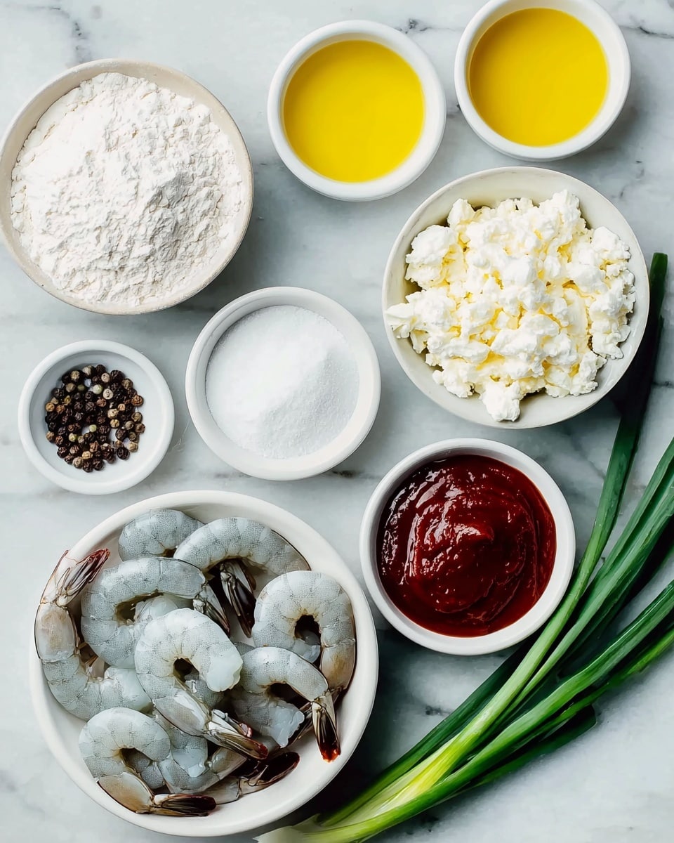 The image shows several white bowls arranged on a white marbled surface, each containing different ingredients for cooking. The largest bowl at the bottom holds raw gray shrimp with their tails still attached, neatly placed in a circle. To the top left, a bowl is filled with white powdery flour, while a smaller bowl below it contains a similar white powder, likely baking powder or salt. At the top center, there is a small bowl with a yellow liquid, probably oil, and another yellow liquid bowl just below it. To the right, a bowl is full of crumbly white cheese or a similar dairy product, next to a bowl with thick, deep red sauce. Whole black peppercorns are scattered between the bowls. On the right side of the image, three fresh green onions lay flat, their green tops bright and crisp. The photo is taken with an iphone --ar 4:5 --v 7