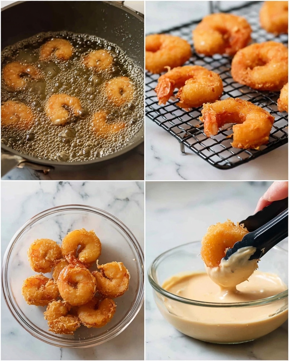 The image shows a sequence of four photos depicting the frying and saucing of crispy shrimp. The top-left image displays golden shrimp frying in bubbling hot oil inside a dark pan. The top-right image features the same shrimp, now fully cooked with a crunchy golden color, resting on a black wire rack against a white marbled background. In the bottom-left photo, the fried shrimp are placed inside a clear glass bowl, coated with a creamy beige sauce. The bottom-right image shows a close-up of a woman's hand holding a black tong lifting one shrimp dipped in the same creamy sauce from a clear glass bowl. The overall scene is set against a white marbled surface. photo taken with an iphone --ar 4:5 --v 7