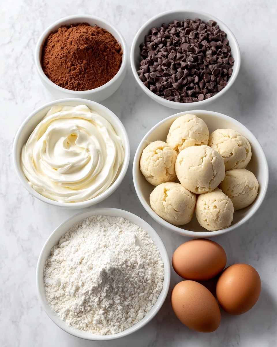 The image shows six white bowls and three brown eggs arranged on a white marbled surface. One bowl is filled with a smooth white cream with soft swirls, placed in the bottom left corner. Next to it, on the bottom right, is a bowl filled with small, dark chocolate chips. Above these two, in the bottom center, is a bowl heaping with white flour, showing a slightly rough texture with some small clumps. To the right of the flour bowl is a bowl filled with six round, beige cookie dough balls that have small cracks on their surfaces. In the top left corner is a bowl full of finely ground brown powder, likely cocoa or cinnamon. Lastly, three brown eggs sit in a triangular shape between the bowls on the left side. The photo was taken with an iphone --ar 4:5 --v 7