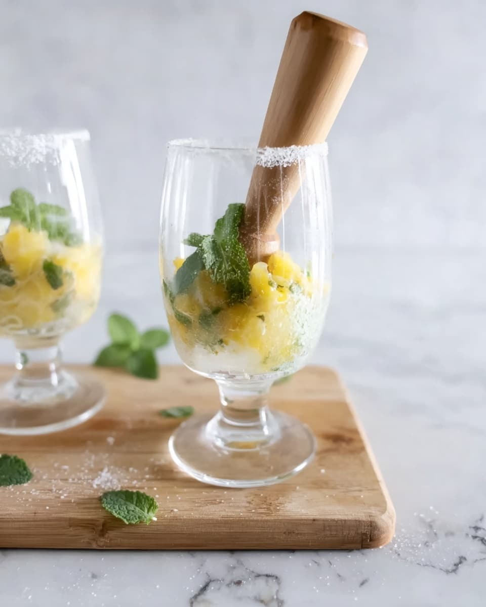 Two clear glasses with stems sit on a wooden cutting board on a white marbled surface. Each glass has a layer of sugar on the rim, and inside there are crushed yellow fruit pieces and green mint leaves, with a brown wooden muddler pressing down on the mixture in the front glass. The background is softly blurred, showing the second glass behind the first one. Photo taken with an iphone --ar 4:5 --v 7