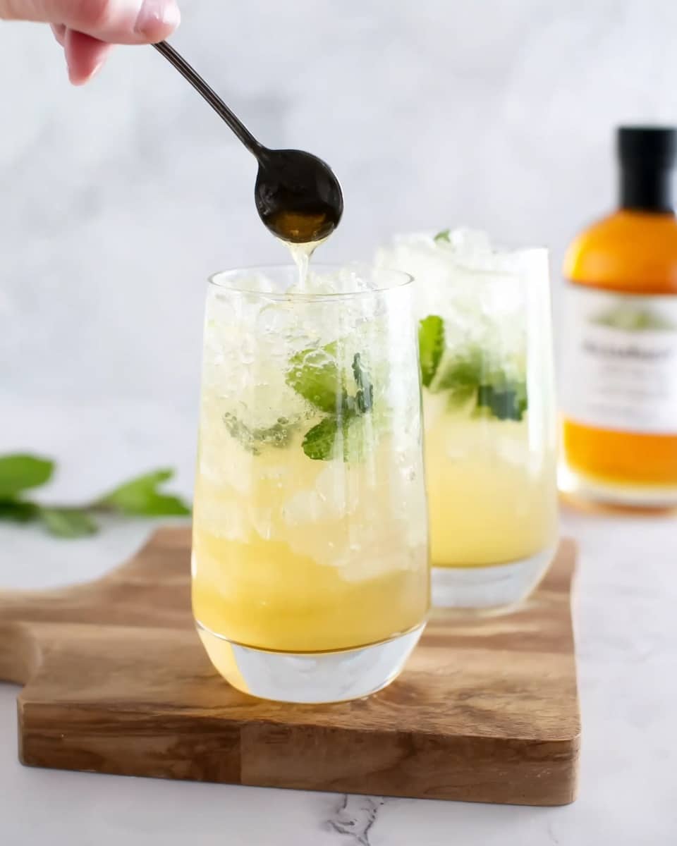 Two clear glasses filled with light yellow icy drink with small green mint leaves inside are placed on a wooden board, which rests on a white marbled surface. The glass in front is being drizzled with a syrup from above by a woman's hand holding a small black spoon. A syrup bottle with a light amber color and a black cap is out of focus behind the glasses. The scene has a clean and fresh look. Photo taken with an iphone --ar 4:5 --v 7