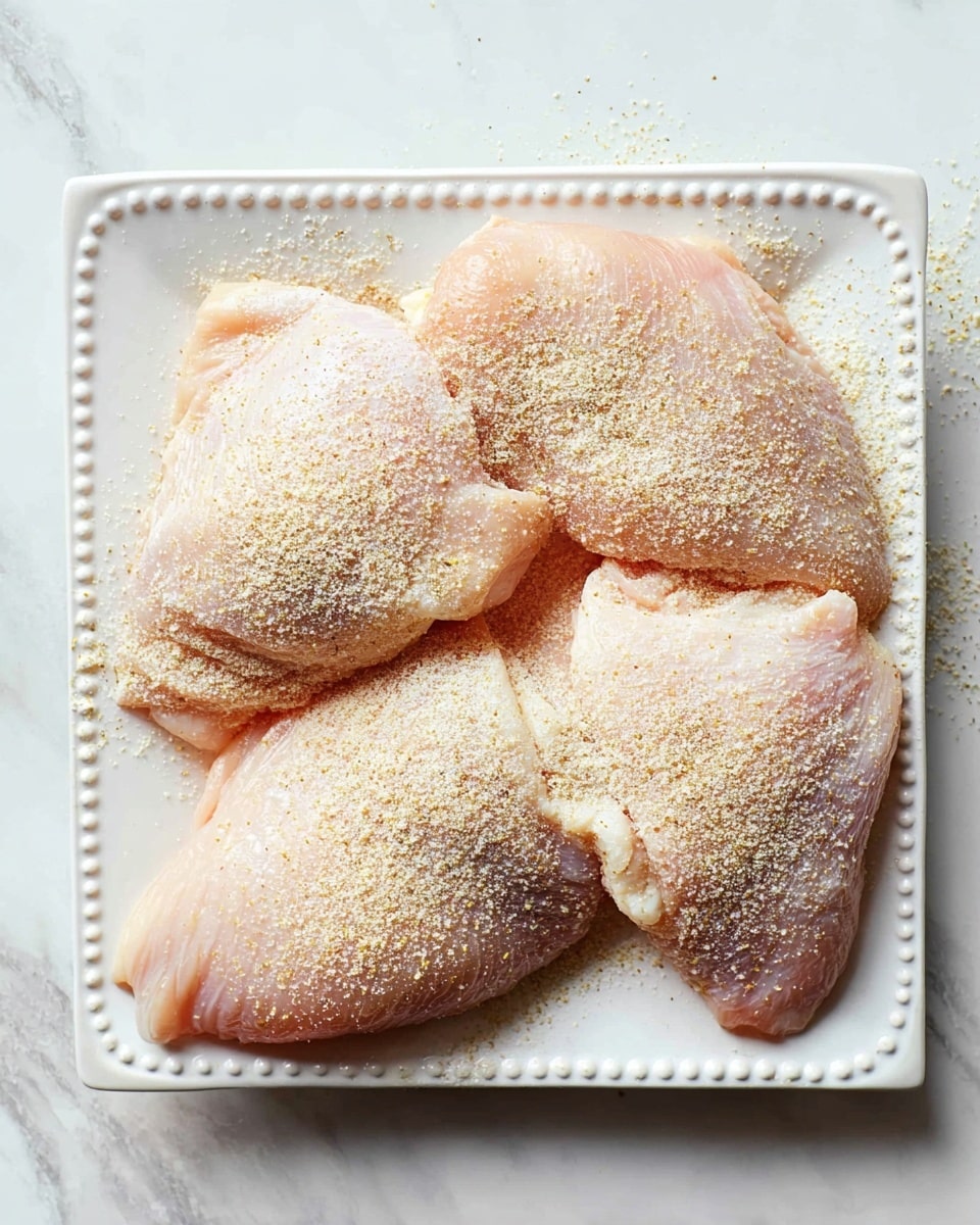 A white plate with a beaded edge holds four raw, pale pink chicken pieces arranged close together, lightly dusted with a fine layer of white and beige seasoning powder. The chicken pieces have a smooth texture with slight natural folds and a moist appearance, while the seasoning adds a grainy texture that covers most of the surface area, creating a gentle contrast. The plate rests on a white marbled surface, adding subtle light gray veins and a soft shine to the background. photo taken with an iphone --ar 4:5 --v 7