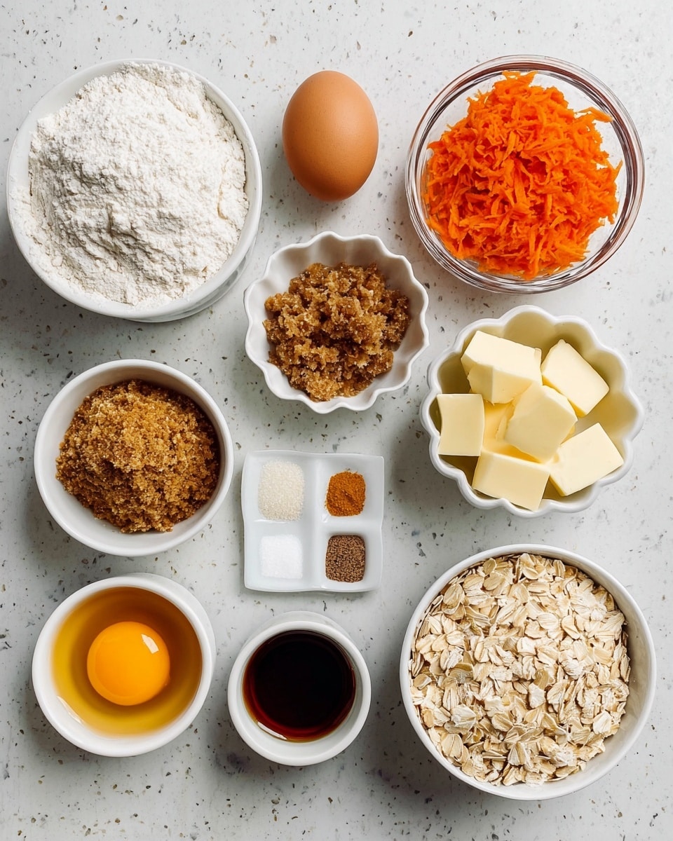 The image shows several white bowls and small dishes arranged on a white marbled surface, each filled with different ingredients. From left to right, there is one white bowl with flour, a small white scalloped bowl holding one brown egg, a glass bowl with brown sugar, a brown bowl with shredded orange carrots, a white bowl filled with square pieces of yellow butter, a small white flat dish holding five small piles of brown, white, and beige spices, a small cup with dark liquid, a glass bowl of white granulated sugar, and a large white bowl filled with rolled oats. The colors mainly include white, brown, orange, and yellow, and the textures range from powdery to granular and soft. Photo taken with an iphone --ar 4:5 --v 7