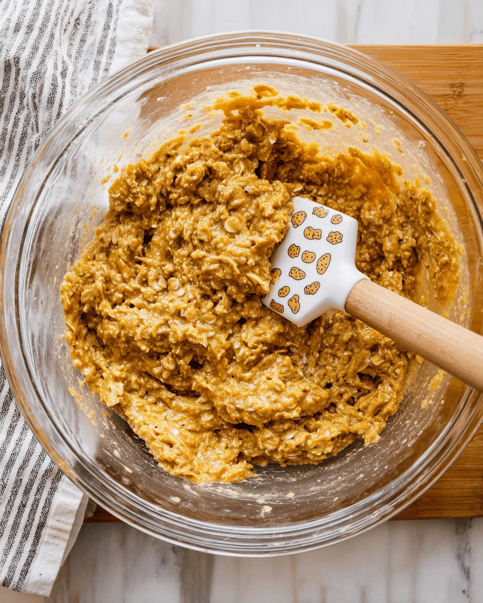 Inside a clear glass bowl, there is a thick, sticky mixture that looks like a rough dough with visible oats and small orange bits spread evenly throughout. A spatula with a white head decorated with small cookie faces and a wooden handle rests inside, partially covered by the mixture. The bowl sits on a white marbled surface with a striped cloth nearby. The mixture’s texture is chunky and dense, with a warm golden-brown color. photo taken with an iphone --ar 4:5 --v 7