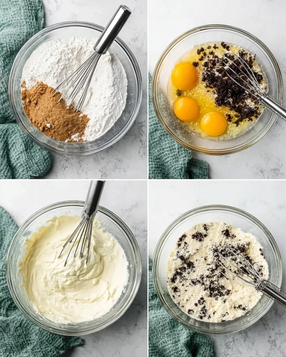 The image shows four glass bowls on a white marbled surface with a light green cloth next to them. The top left bowl has three layers: white flour, white sugar, and brown cocoa powder, with a whisk resting inside. The top right bowl contains a mix of dark chocolate pieces, two eggs in orange yolk, and light yellow liquid, again with a whisk inside. The bottom left bowl has two layers: thick white powdered sugar and a light creamy mixture, with two metal beaters placed inside. The bottom right bowl has a mix of white powder and dark chocolate pieces on top of a creamy base, with two metal beaters inside. Photo taken with an iphone --ar 4:5 --v 7