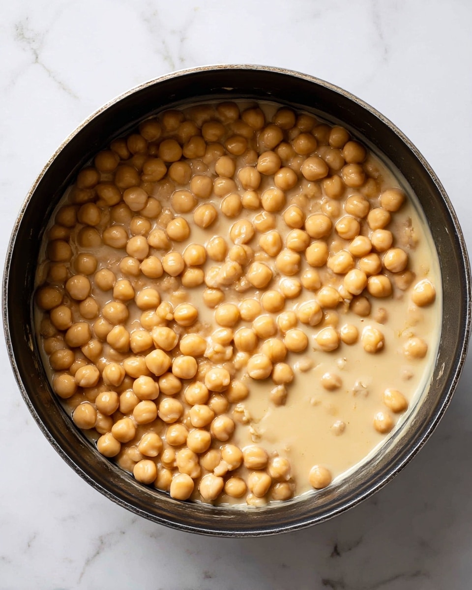 A black pot filled with one layer of cooked chickpeas that are light brown and round, surrounding a central area where creamy beige liquid is partially mixed with chickpeas. The chickpeas have a smooth and slightly glossy texture, and the creamy liquid looks thick and rich. The surface beneath the pot is a white marbled texture. photo taken with an iphone --ar 4:5 --v 7