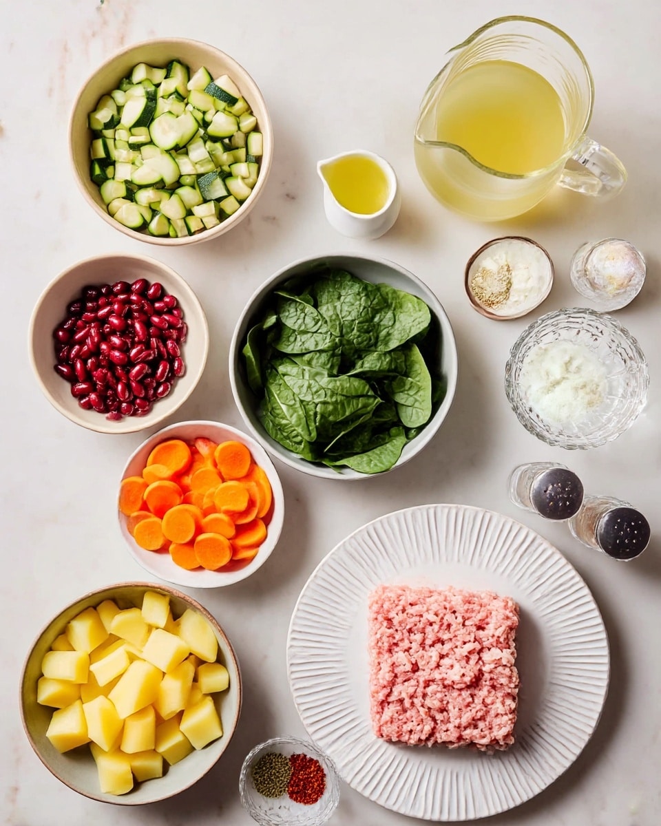 The image shows an overhead view of various raw ingredients neatly arranged on a white marbled surface. In the top right, there is a flat layer of pale pink ground meat on a white round plate with ridged edges. Next to it, a small white pitcher contains a light yellow liquid, presumably oil. Surrounding these are several bowls: chopped green zucchini pieces in a beige bowl, thin round orange carrot slices in a white bowl, and diced white onions in a gray bowl. A bowl of dark red kidney beans, a bowl with fresh green spinach leaves, a bowl containing yellow cubed potatoes, and a clear faceted bowl of green peas are also visible. Additionally, small dishes contain minced garlic, crushed red pepper flakes, a red paste or sauce in a glass bowl, dried herbs, and seasonings on different small plates. A large glass pitcher with a light yellow broth or stock is placed near two small clear salt and pepper shakers. The whole setting looks clean, fresh, and ready for cooking, photo taken with an iphone --ar 4:5 --v 7