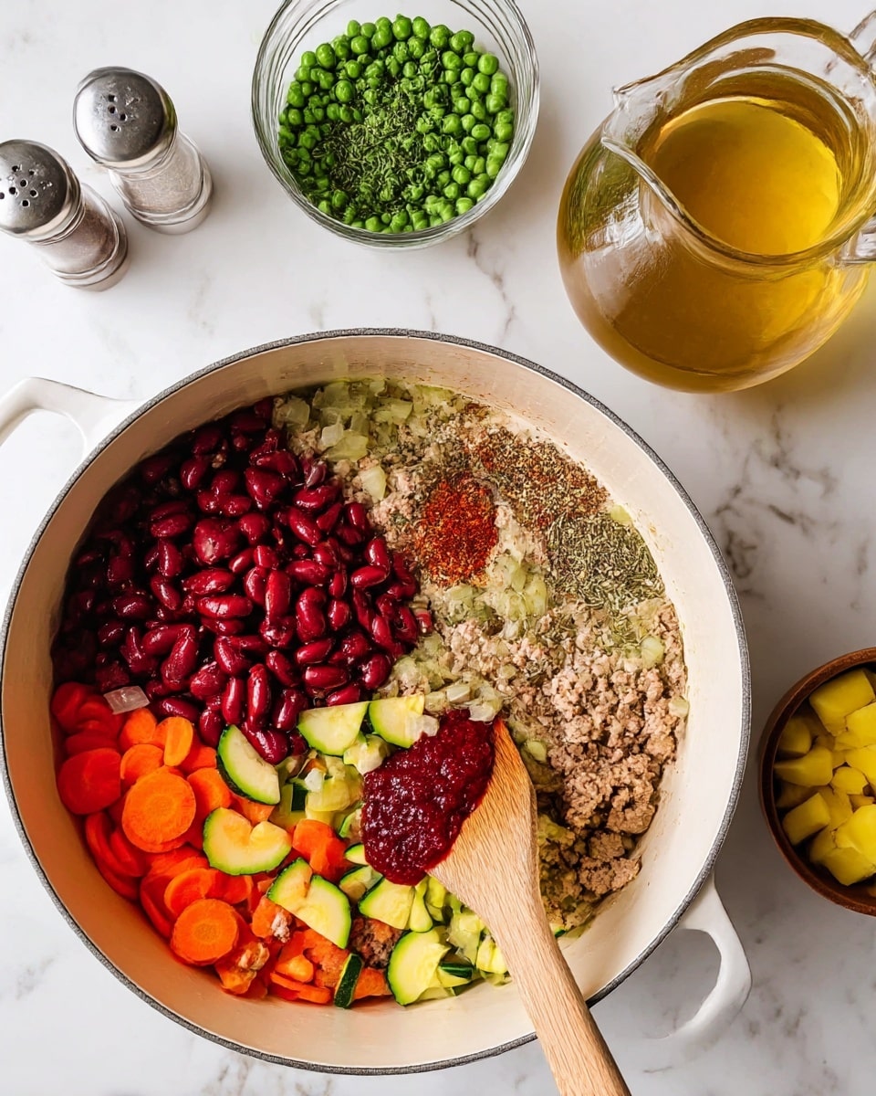 A top view of a white pot filled with colorful ingredients before cooking, showing a layer of cooked ground meat and chopped onions and zucchini with sliced carrots scattered around the edges, a large pile of dark red kidney beans forming a mound on one side, a dollop of deep red tomato paste near the center, and various dry spices like crushed pepper flakes and dried herbs sprinkled across the surface; a wooden spatula is resting inside the pot, partially stirring the ingredients. Around the pot on a white marbled surface are a glass bowl of bright green peas, a brown bowl of yellow cubed vegetables, a glass pitcher filled with light amber liquid, and salt and pepper shakers. photo taken with an iphone --ar 4:5 --v 7