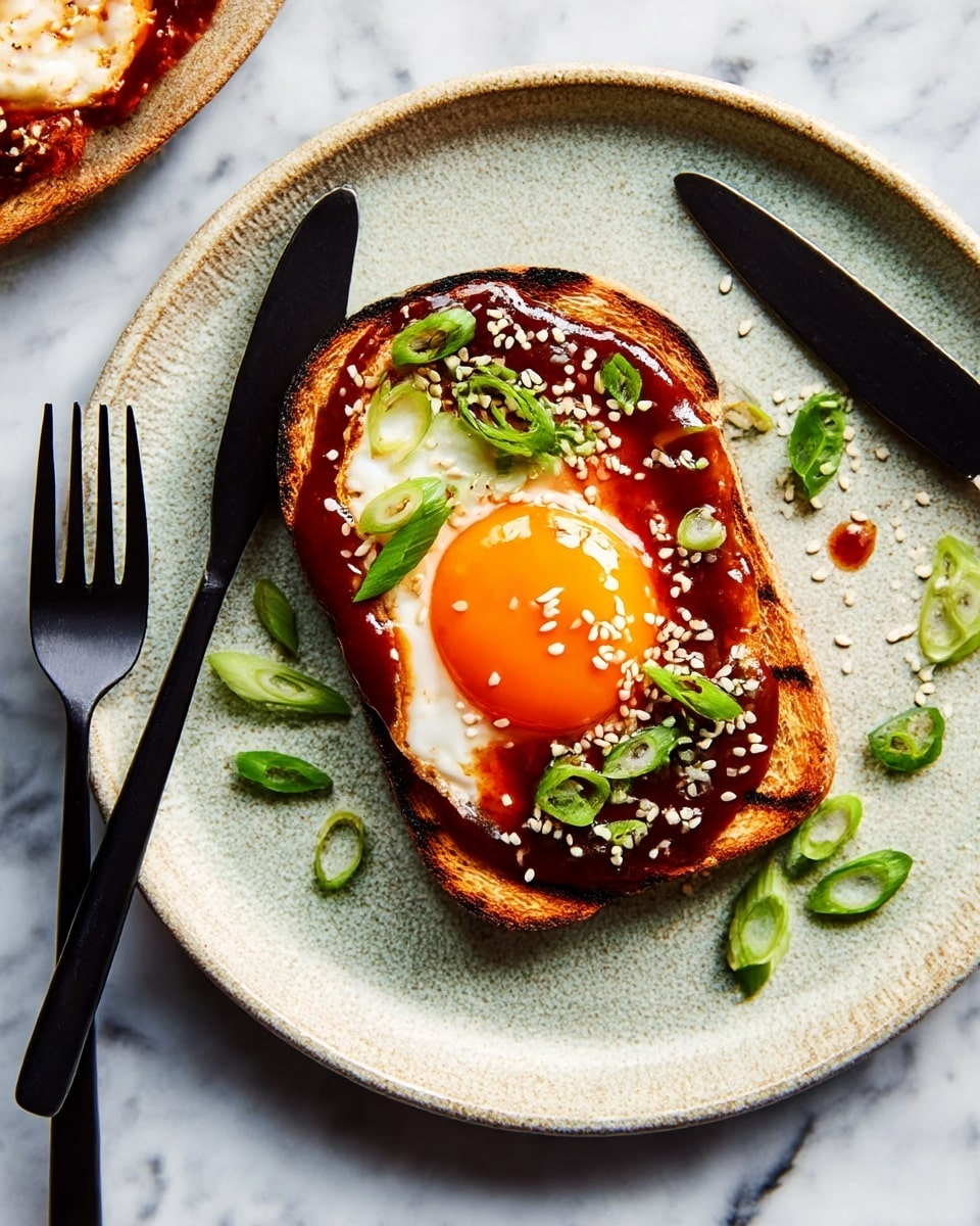 The image shows one piece of toasted bread with a dark crust and grill marks as the bottom layer. On top of the bread is a sunny-side-up egg with a bright orange yolk and shiny white edges. The egg is covered with a thick, dark red sauce that spreads slightly over the toast. Green sliced scallions are sprinkled on top of the egg and around it, adding fresh green spots. Small white sesame seeds are scattered over the whole dish. The food is placed on a round white plate with a textured look, and next to the plate are a black fork and knife, resting on the white marbled surface. photo taken with an iphone --ar 4:5 --v 7