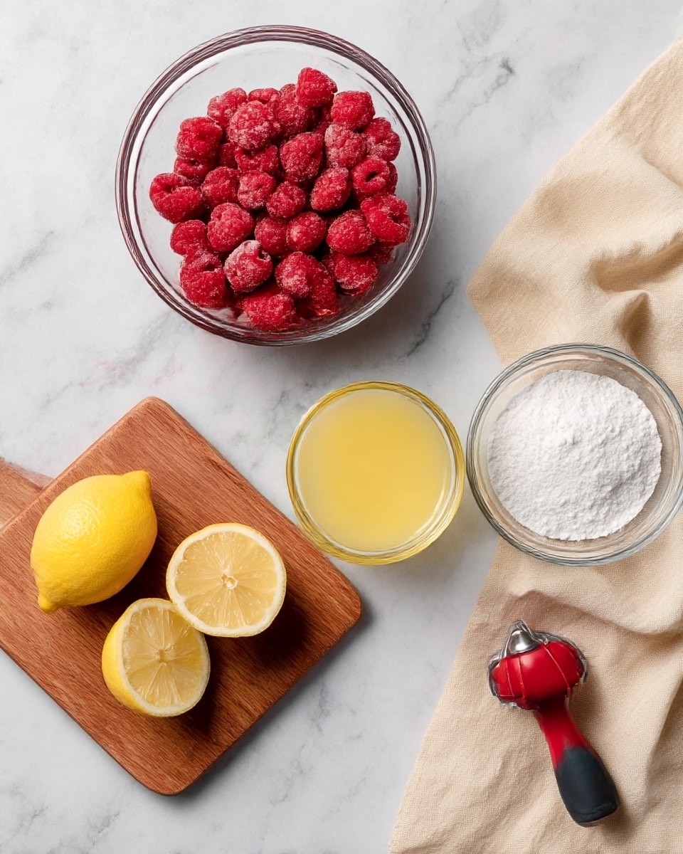 A white marbled surface holds a small wooden board with two halves and one quarter of a yellow lemon on it. Next to the board is a small clear glass bowl filled with yellow lemon juice. Above the board is a large clear bowl filled with red frozen raspberries, and to the right of it is another clear bowl filled with white powdered sugar. A red and black lemon squeezer rests near the powdered sugar bowl. A light beige cloth is draped loosely on the right side of the scene. photo taken with an iphone --ar 4:5 --v 7