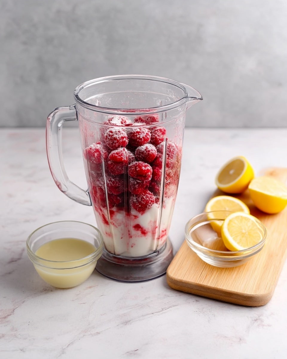 A clear blender jar filled with layers of red frozen berries and white yogurt, with the berries on the top layer having a light dusting of white powdered sugar; the blender sits on a white marbled surface next to a small clear bowl of pale yellow lemon juice and a light wooden board holding a halved lemon and two lemon wedges, all set against a soft grey background, photo taken with an iphone --ar 4:5 --v 7