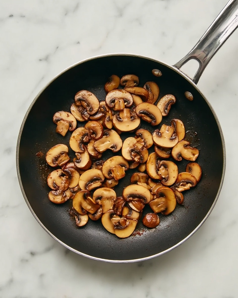 A round black frying pan filled with one layer of browned sliced mushrooms. The mushrooms are spread evenly, showing a mix of light brown and darker brown colors with a slightly glossy texture from cooking. The handle of the pan is metallic silver. The pan is placed on a white marbled surface. photo taken with an iphone --ar 4:5 --v 7