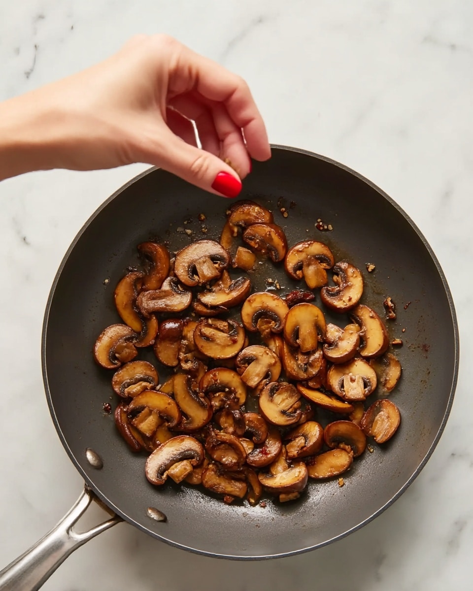 A close-up view of a dark gray frying pan with cooked brown mushroom slices spread inside. The mushrooms look soft and slightly shiny from cooking, with some small spices or seeds sprinkled on them. A woman's hand with red nail polish is held above the pan as if adding something to the mushrooms. The pan is held over a white marbled surface. photo taken with an iphone --ar 4:5 --v 7
