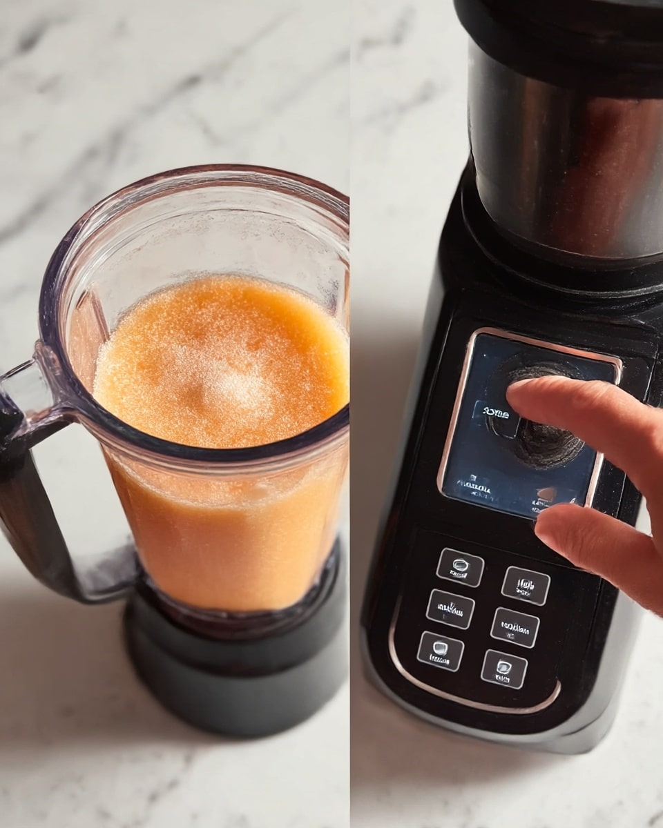 The image shows a close-up of a clear blender cup filled with a smooth, light orange mixture. The texture looks slightly icy with a frosty surface at the top. The cup has a black handle and is placed on a white marbled surface. Next to it, a woman’s hand is pressing a button on a black blender machine. The blender base holds the cup, and the buttons on the machine display different options like Sorbet, Lite Ice Cream, Smoothie Bowl, Gelato, and Milkshake. The overall setting is clean and modern with a white marbled countertop. photo taken with an iphone --ar 4:5 --v 7