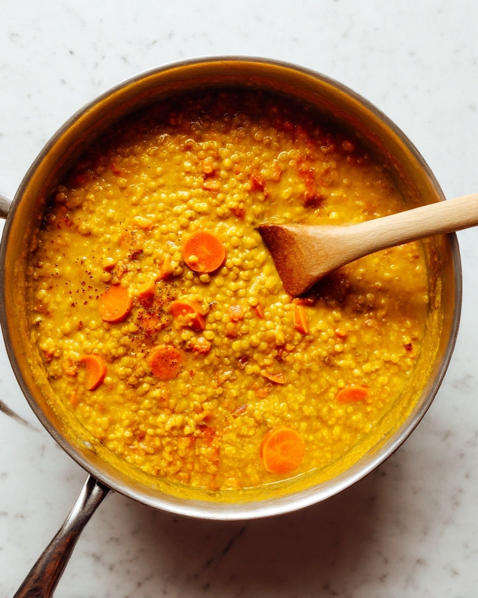 A large metal pot filled with a thick, yellow-orange stew that contains small lentils and sliced orange carrots. The stew has a slightly creamy texture with visible spices sprinkled on top, giving some darker brown patches. A wooden spoon with a smooth pale wood handle rests inside the pot, mixing the stew. The pot sits on a white marbled surface. photo taken with an iphone --ar 4:5 --v 7