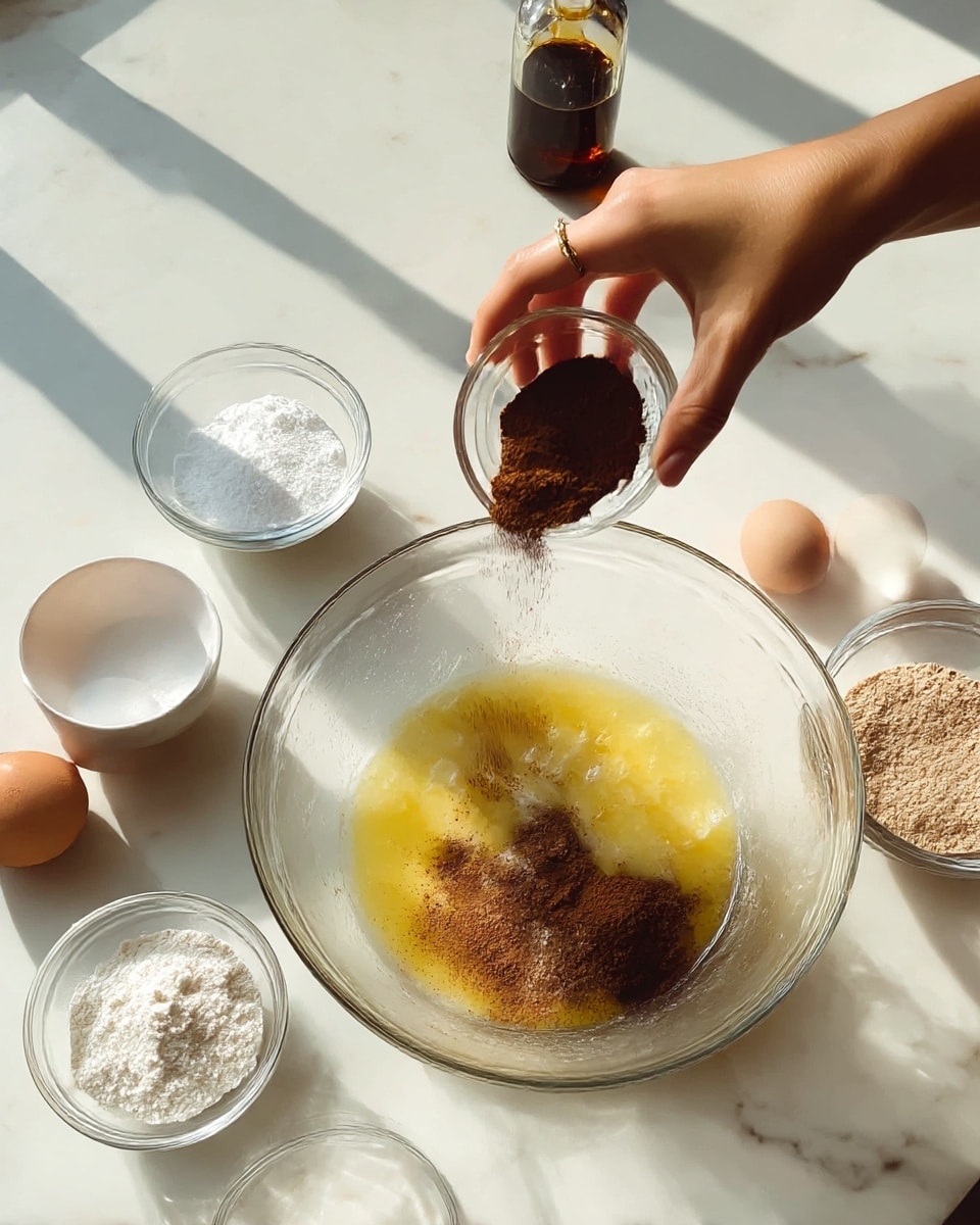 A woman's hand is pouring dark brown powder from a small clear glass bowl into a large clear mixing bowl that already contains a yellow melted layer, likely butter, with some darker brown powder sprinkled on top. Around the large bowl on a white marbled surface, there are several smaller clear bowls holding ingredients like white flour, white sugar, and a light brown powder, along with a white bowl containing two brown eggs. A small glass bottle with a dark liquid sits near the top edge of the image, and soft natural light casts shadows across the scene. photo taken with an iphone --ar 4:5 --v 7