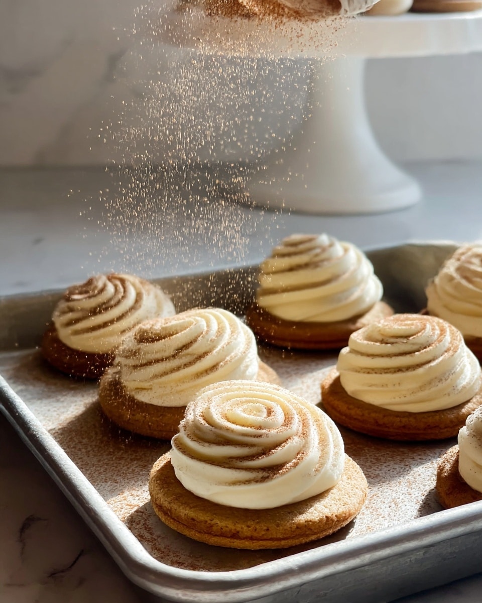 The image shows a metal tray with several round cookies, each topped with a thick swirl of pale cream frosting. The cookies are light brown with a coarse texture and each has a single spiral layer of smooth, ivory-colored cream on top. Some swirls are being dusted with a fine brown powder, adding a soft layer of color that creates a contrast with the pale cream. The powder is seen falling in mid-air over the cookies, giving a sense of fresh garnish. The background features a white marbled surface with a white cake stand in soft focus. Photo taken with an iphone --ar 4:5 --v 7
