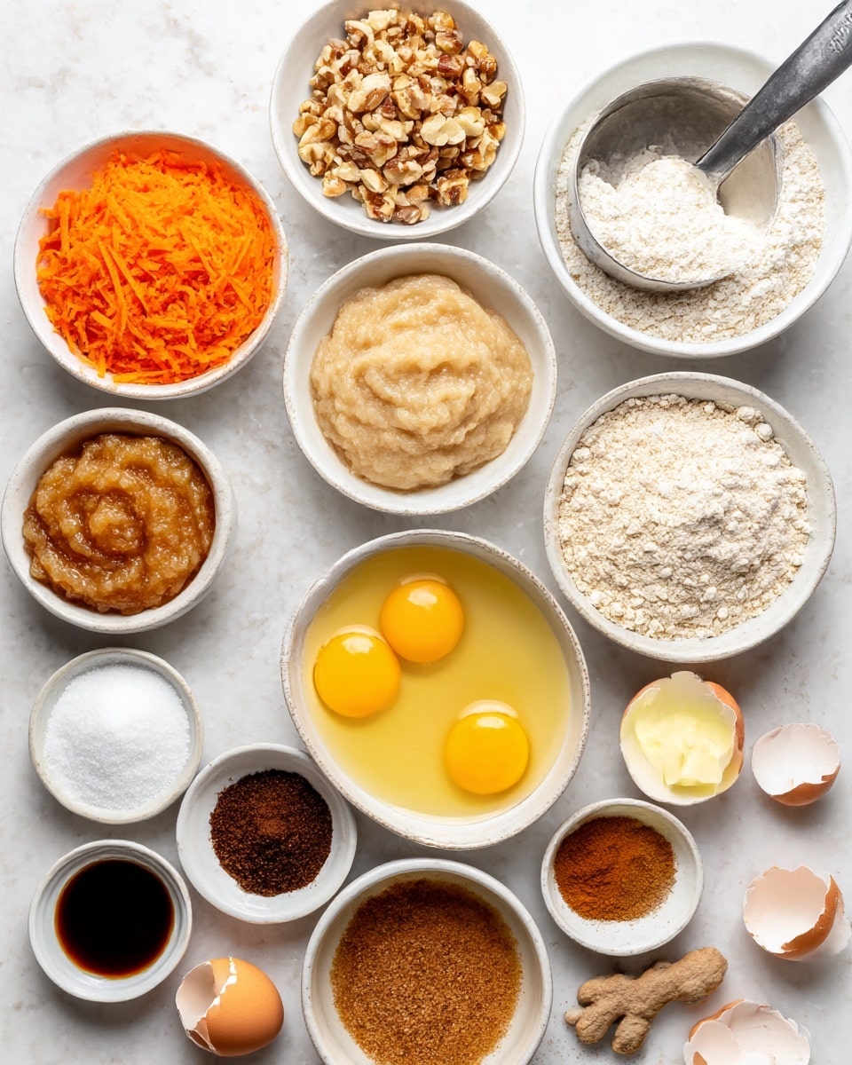 A flat lay of various baking ingredients arranged neatly on a white marbled surface shows 12 white bowls of different sizes with colorful contents: bright orange shredded carrots in one bowl at the top left, chopped light brown nuts in a smaller bowl at the top center, white flour in a large bowl at the top right with a metal measuring spoon resting in it, pale beige applesauce in a medium bowl bottom left, a bowl of two raw eggs with bright yellow yolks in the center, golden melted butter in a bowl to the right of the eggs, dark brown sugar with a spoon inside at the bottom left, small bowls of white baking soda, light brown ground ginger, medium brown cinnamon, and dark vanilla extract scattered among the larger bowls, plus two empty cracked eggshells on the surface near the eggs bowl. The overall scene is bright and clean with a focus on the natural colors of the ingredients. Photo taken with an iphone --ar 4:5 --v 7