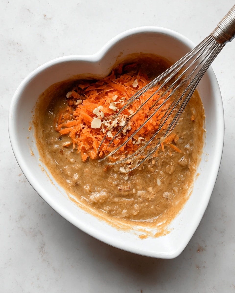 A white heart-shaped bowl contains thick light brown batter with visible small chunks mixed in, and on top there are bright orange shredded carrot pieces and small chopped light brown nuts. A metal whisk with a coiled handle stands in the bowl, partly immersed in the mixture. The bowl sits on a white marbled surface. photo taken with an iphone --ar 4:5 --v 7