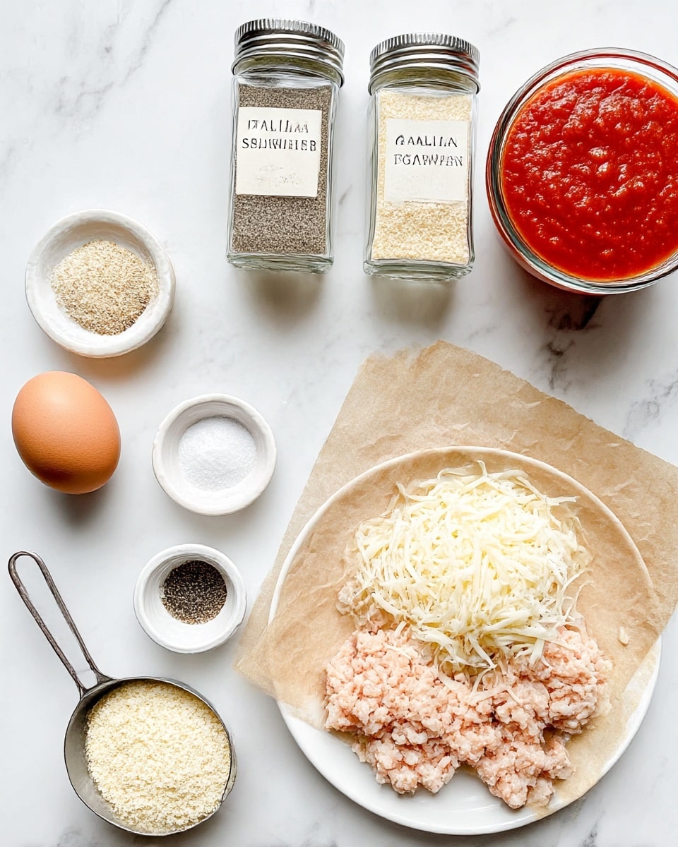 The image shows several ingredients neatly arranged on a white marbled surface. At the center bottom, there is a white plate holding a pile of raw ground chicken on brown parchment paper. Near the plate, on the right side, a small white bowl is filled with shredded cheese that is mostly white with some light yellow mixed in. Above that, two glass spice jars labeled