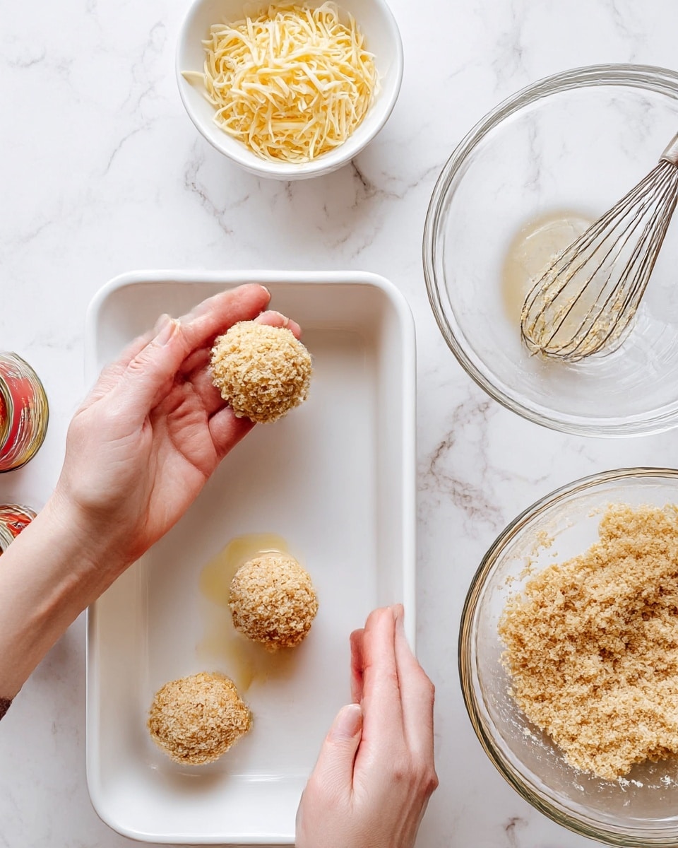 A pair of woman's hands are gently shaping a light beige, coarse mixture into round balls above a white rectangular baking dish with two similar balls placed inside it, the dish containing a small amount of oil that gives a slight shine. To the right, there is a clear glass bowl containing the same coarse mixture with a metal whisk resting inside. On the upper left, a small white bowl holds shredded pale yellow cheese, and below it, part of an open can with a red sauce is visible. The background is a white marbled surface. photo taken with an iphone --ar 4:5 --v 7