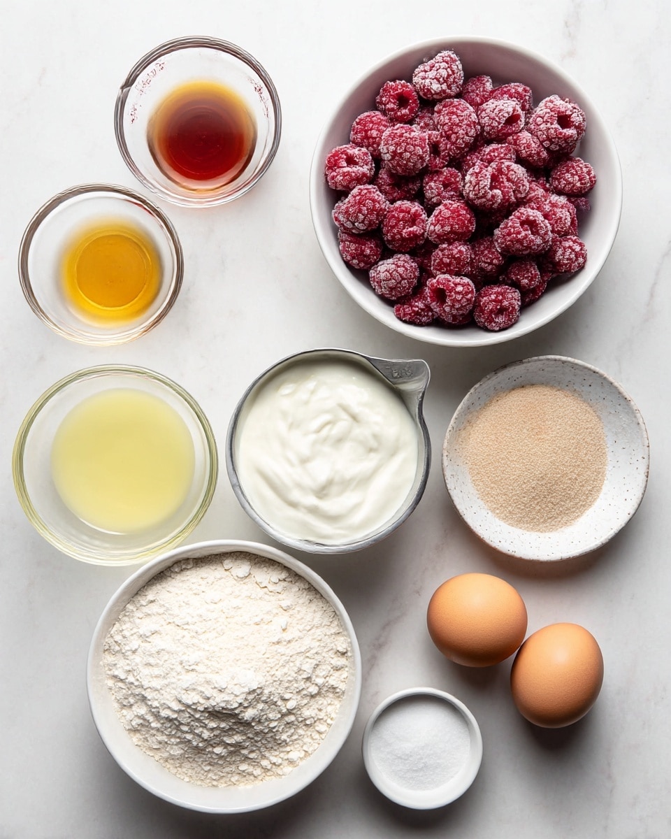 The image shows eight separate ingredients arranged on a white marbled surface. On the top right is a white bowl full of frozen red raspberries covered with frost. Below and next to it is a half-filled silver measuring cup with white thick cream or yogurt. Next to the raspberries on the top left is a small clear glass bowl with amber-colored liquid, and below it another clear glass bowl with light yellow liquid. To the bottom left is a white bowl filled with white flour, almost full. Next to it, at bottom center, is a white bowl filled with light brown granulated sugar. Below the sugar and flour bowls are two brown eggs. Between the flour and cream is a small white speckled plate with white powder (likely baking powder), and to its right, a small white bowl with white salt. All items are clean and neatly placed. Photo taken with an iphone --ar 4:5 --v 7