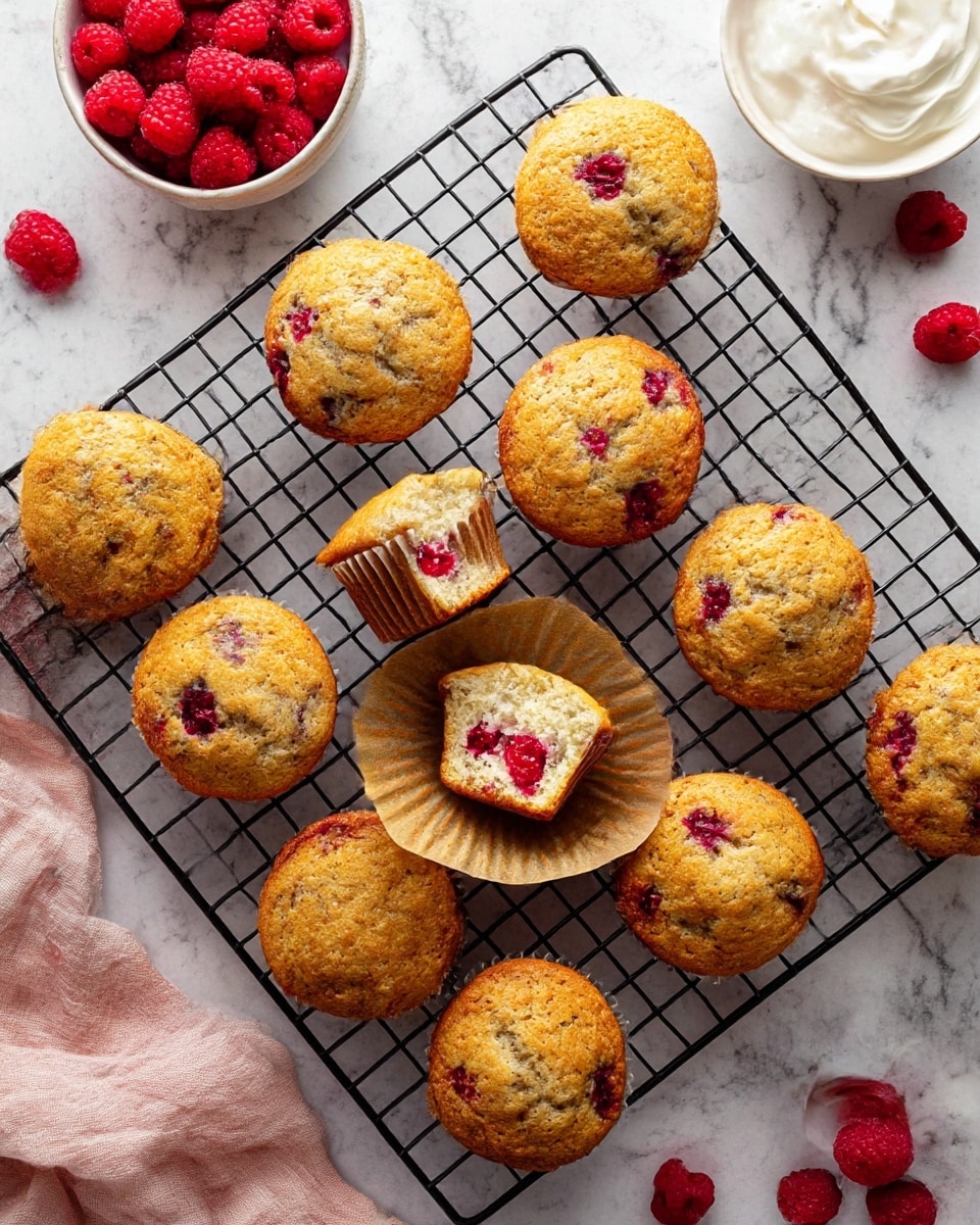The image shows eleven golden-brown muffins with red berry spots on a black cooling rack placed on a white marbled surface. One muffin in the center is open, revealing a soft inside filled with bright red berries and resting on an opened brown paper liner. Around the rack, there are fresh red raspberries in a white bowl and a white bowl with whipped cream or yogurt near the top right. A few loose raspberries are scattered on the white marbled surface, and in the bottom left corner, a soft light pink cloth is partially visible. The scene is bright and warm with natural light highlighting the texture of the muffins and berries photo taken with an iphone --ar 4:5 --v 7