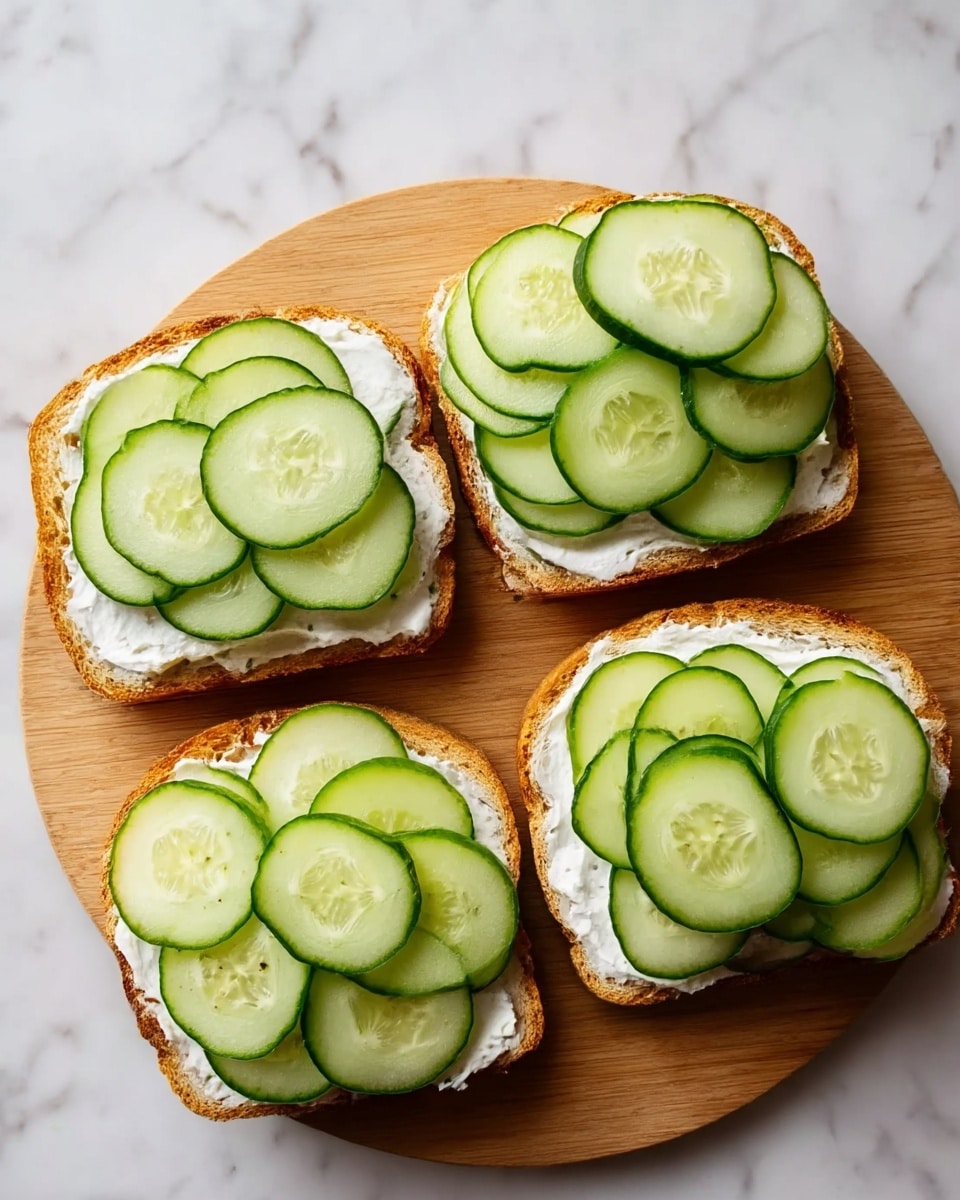 The image shows four pieces of toast arranged on a round wooden board. Each slice has three layers: the bottom is golden brown toasted bread, the middle is a layer of white creamy spread, and the top layer is made of multiple thin, round cucumber slices arranged closely together, covering the entire surface of each toast. The background is a white marbled texture. photo taken with an iphone --ar 4:5 --v 7