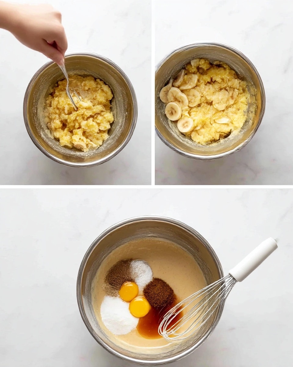 A three-image collage shows the process of making a batter in a silver metal bowl on a white marbled surface. The first image has a woman's hand mashing soft yellow bananas with a fork, creating a chunky texture in the bowl. The middle image shows the bowl filled with multiple layers: the bottom layer of mashed bananas is yellow with lumps, on top there are two raw eggs with bright yellow yolks, a dollop of white yogurt, a heap of dark brown sugar, a white sugar pile, and a pool of dark vanilla liquid, all resting separately but ready to be mixed. The third image shows the batter fully mixed into a smooth light tan mixture with no lumps, and a white-handled whisk resting inside the bowl. Photo taken with an iphone --ar 4:5 --v 7