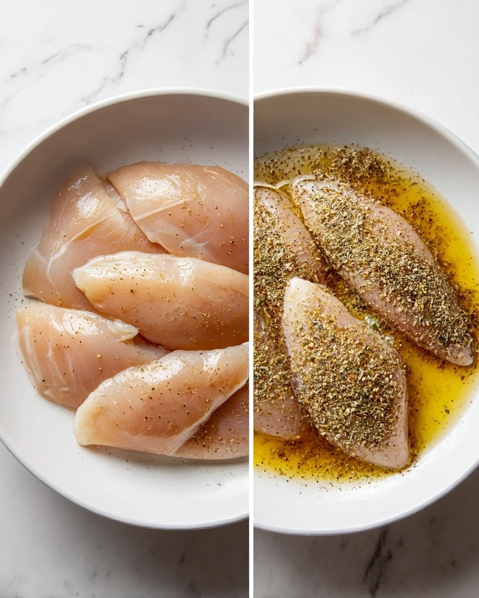 The image shows two side-by-side pictures of a white bowl on a white marbled surface. In the left picture, the bowl holds five raw, smooth, pale pink pieces of chicken arranged loosely, with soft light reflecting off their moist surface. In the right picture, the same pieces are now covered with a shiny layer of golden oil and sprinkled evenly with a coarse mix of greenish-brown herbs and spices, creating a textured contrast over the chicken's surface. Photo taken with an iphone --ar 4:5 --v 7