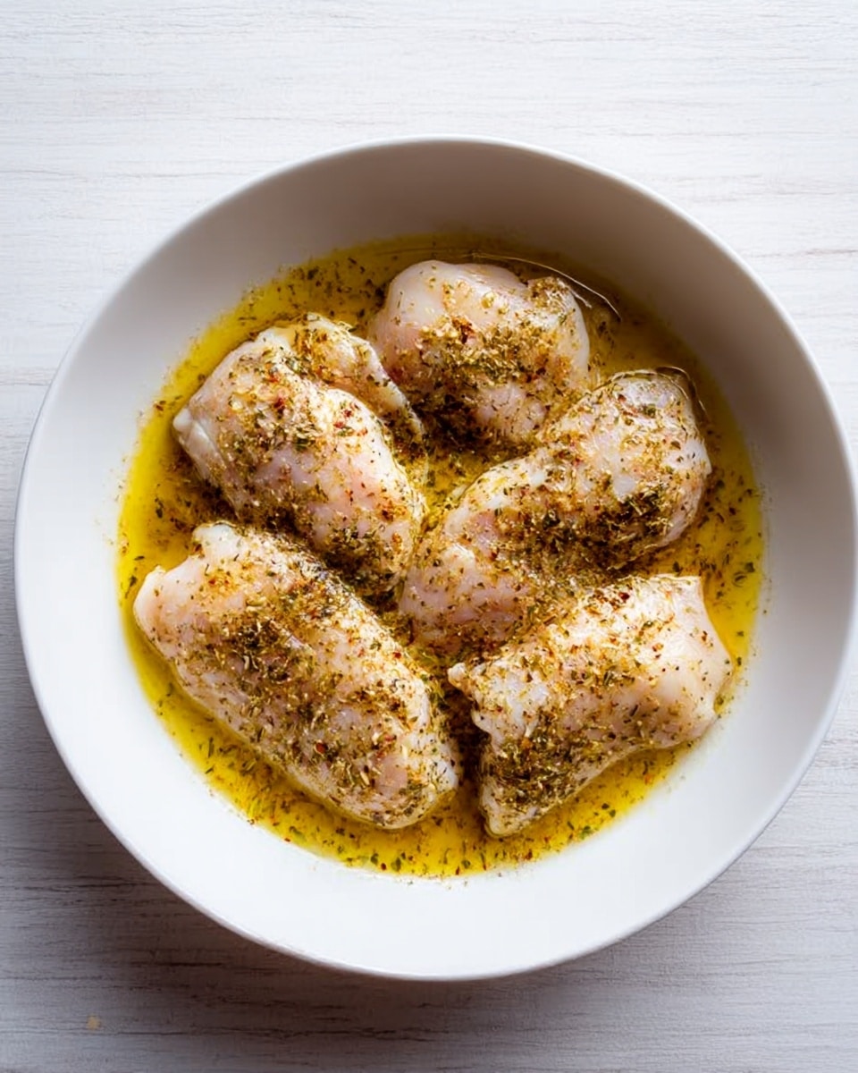 A white round bowl with five pieces of raw chicken in a yellow marinade, sprinkled with herbs and spices, sitting evenly spread in the bowl. The chicken pieces are pale pink with specks of green and brown seasoning. The bowl rests on a white marbled surface with soft natural light highlighting the textures of the chicken and marinade. photo taken with an iphone --ar 4:5 --v 7