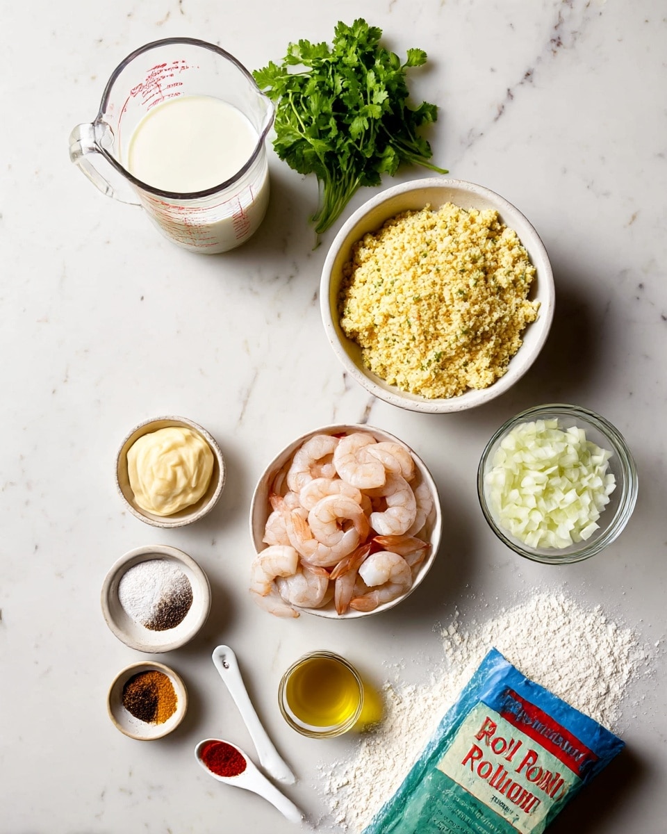 The image shows ingredients arranged neatly on a white marbled surface. At the top left, a glass measuring cup filled with white liquid sits next to a small bunch of fresh green cilantro. Below that, there is a medium white bowl filled with yellowish bread crumbs with green specks. To the right, a small white bowl holds chopped white onions, and below that, a small glass bowl contains a pale yellow paste. In the center, a medium white bowl is full of pink cooked shrimp. Near the shrimp, there is a small cup of golden oil and a white teaspoon with a red spice. At the bottom left, a small white bowl is divided into four sections, each holding a different spice in brown, black, yellow, and beige colors. On the bottom right, a half-opened blue and green bag of white flour spills some flour onto the surface. Photo taken with an iphone --ar 4:5 --v 7
