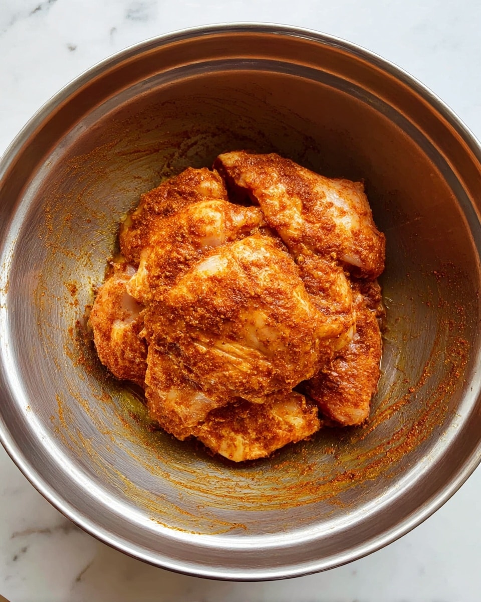 Inside a shiny metal bowl placed on a white marbled surface, there are several pieces of raw chicken covered in a reddish-brown spice mix. The chicken pieces are layered closely together, showing various sizes and textures with the spice coating giving a slightly wet and grainy look. The bowl's inside has streaks of the spice mixture spread around, emphasizing the marinated state of the chicken. Photo taken with an iphone --ar 4:5 --v 7