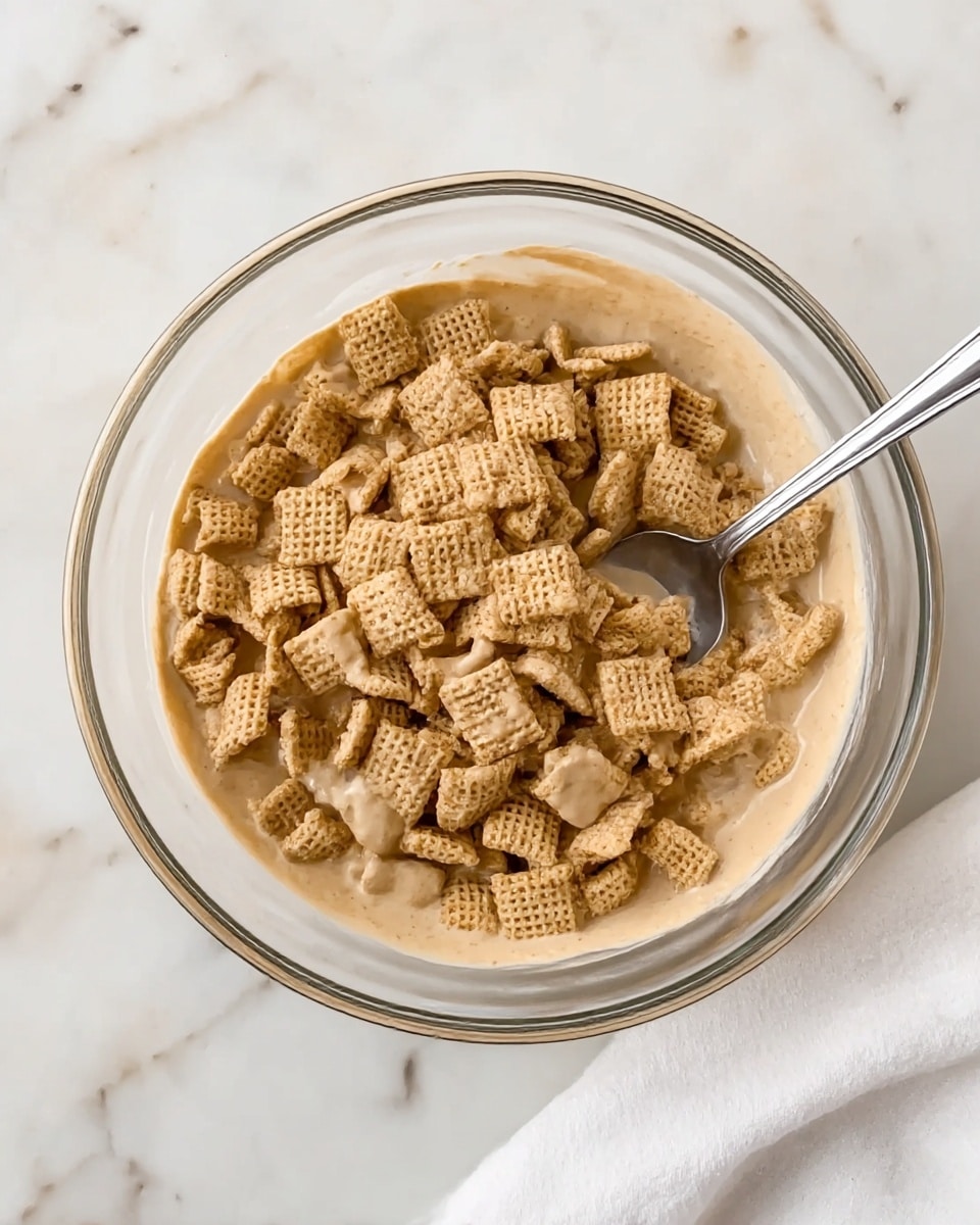 A clear glass bowl filled with a light brown creamy layer at the bottom, on top of which there is a thick layer of square, tan-colored cereal pieces with a woven texture; a silver spoon is stuck into the cereal from the right side of the bowl, and the bowl sits on a white marbled surface with a white cloth partially visible on the lower right side, photo taken with an iphone --ar 4:5 --v 7