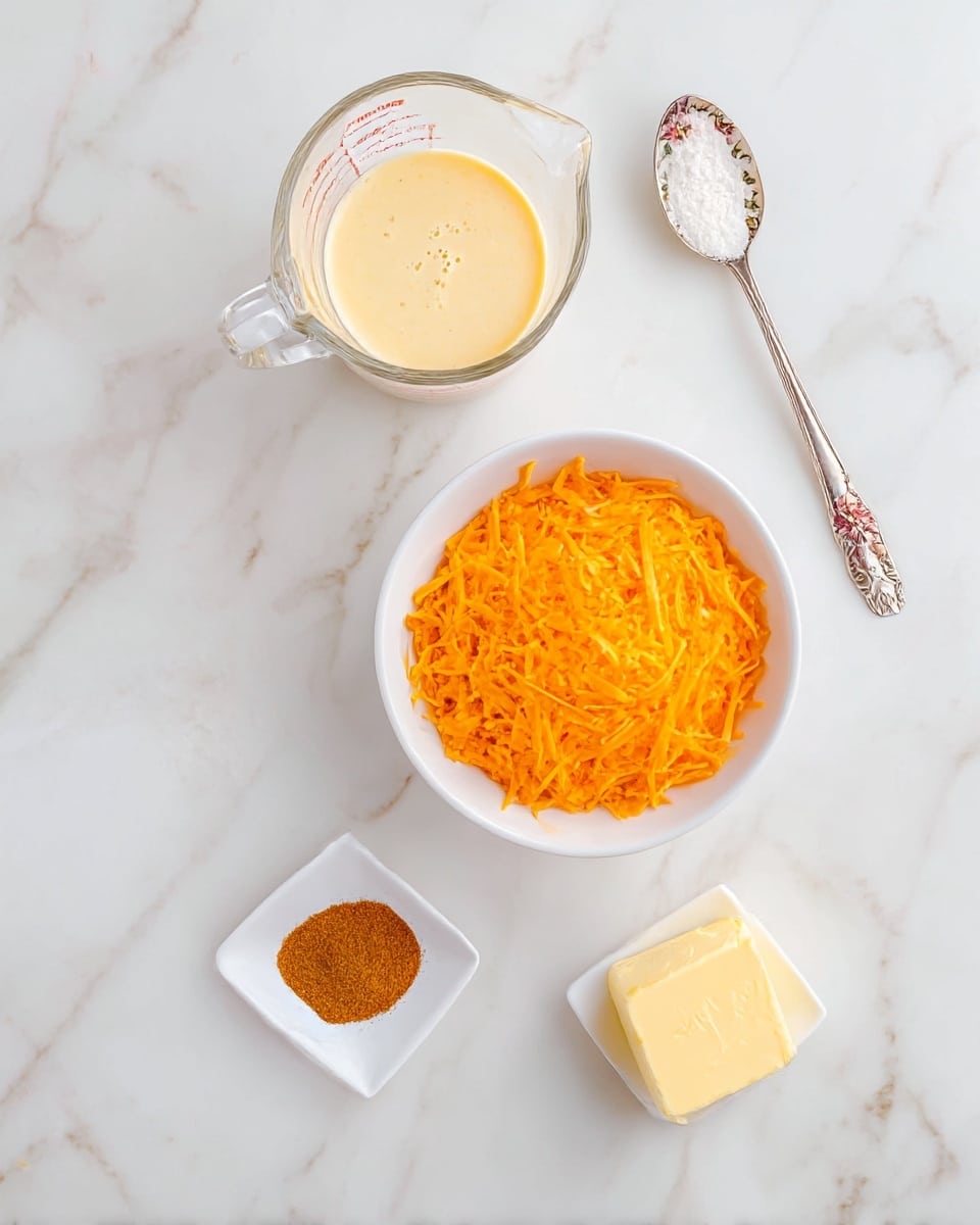 The image shows five separate ingredients arranged on a white marbled surface. At the center, there is a white bowl filled with bright orange shredded cheddar cheese. Above and to the left, there is a clear glass measuring cup holding a creamy, light yellow liquid. Above and to the right, a metal spoon with a floral handle is filled with a white powdery ingredient. Below on the left, a small white square dish holds a brownish-orange spice powder, and to the right, another small white square dish contains a pale yellow solid, likely butter. All items are evenly spaced and neatly presented. Photo taken with an iphone --ar 4:5 --v 7