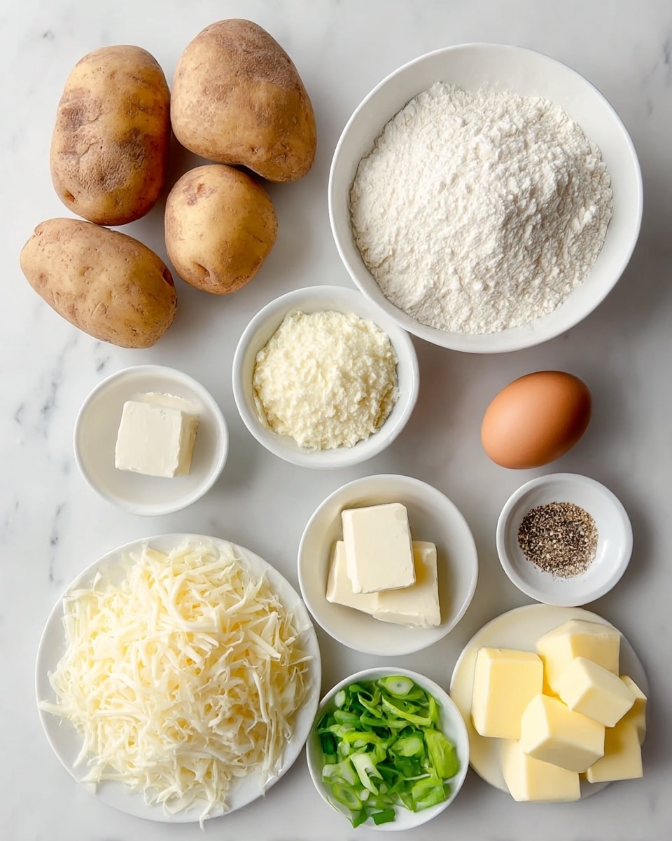 The image shows several cooking ingredients placed on a white marbled surface. There are four whole potatoes with a rough brown skin on the upper left side. To the right of the potatoes is a round white bowl filled with white flour, slightly mounded in the center. Below the flour is a small white bowl with a few white squares of cream cheese. Next to it is a single brown egg. In the middle of the image, slightly below, there is a white plate piled with shredded white cheese. To the bottom left, there is a small white plate with sliced green onions, showing fresh bright green rings. Next to it is a tiny white dish holding a salt and black pepper mix. On the bottom right, a white plate holds four cubes of light yellow butter. All items are arranged neatly without overlapping, and the background is a clean white marbled surface. Photo taken with an iphone --ar 4:5 --v 7