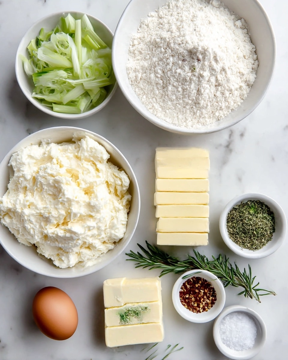 The image shows a top view of several white bowls and plates arranged on a white marbled surface. One large bowl is filled with a fluffy, white creamy mixture with a slight yellow tint. To its left is a smaller white bowl holding thinly sliced pale green scallions. Above these, a large white bowl is filled with a pile of light, powdery white flour. Beside the flour bowl, another small bowl contains finely chopped green herbs. Nearby, a whole brown egg rests on the surface. In the center, there is a block of pale yellow butter cut into six thick sticks arranged neatly in a row. To the right of the butter, there are three small white bowls: one with a mix of dried green herbs, one with white granulated salt, and one with coarse black and red seasoning. A sprig of fresh rosemary lies between the small bowls and butter. Photo taken with an iphone --ar 4:5 --v 7